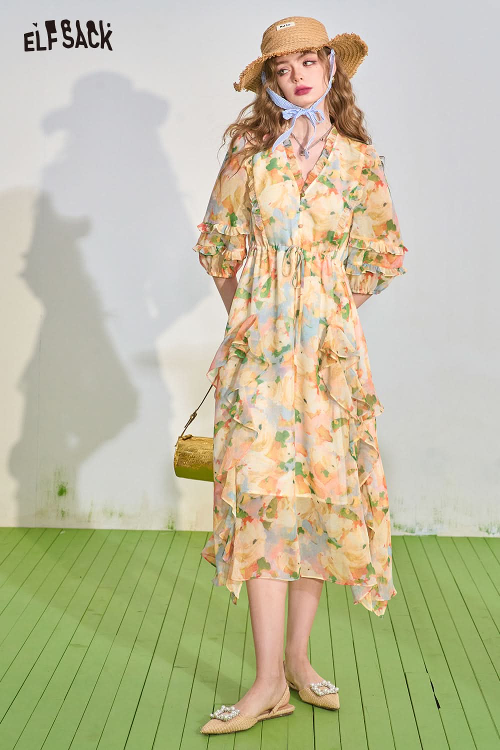 ELFSACK French V-Neck Spliced Ruffle Edge Waist Fragmented Flower Dress