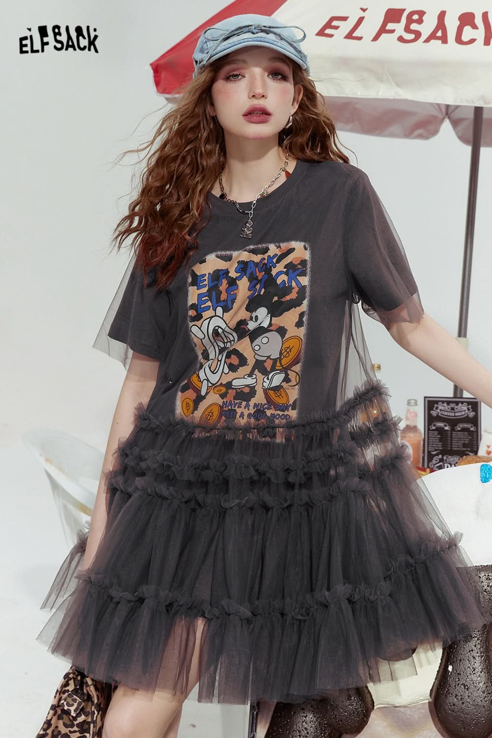 ELFSACK Mickey mesh stitching print rebellious sexy T-shirt dress