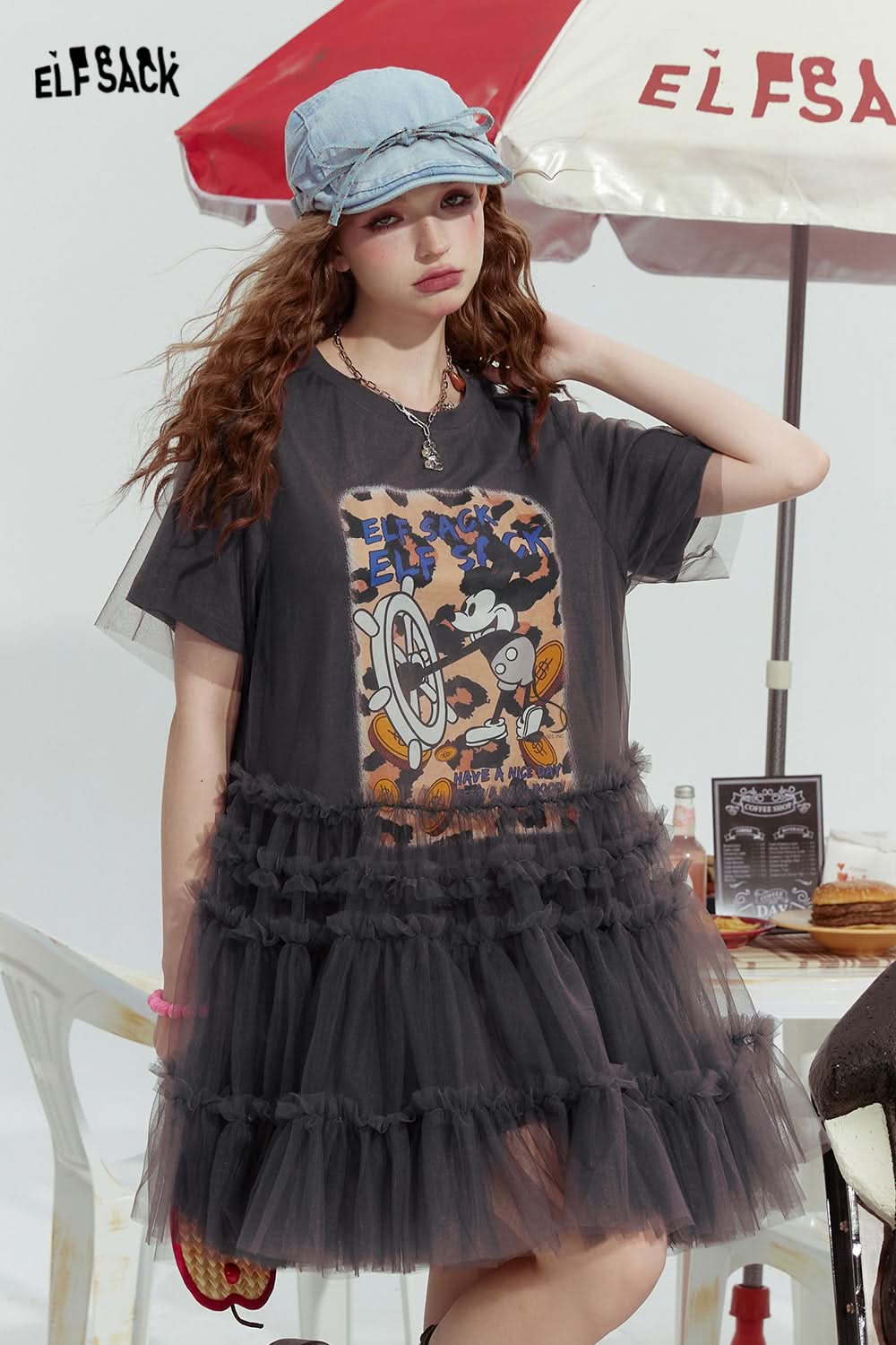 ELFSACK Mickey mesh stitching print rebellious sexy T-shirt dress