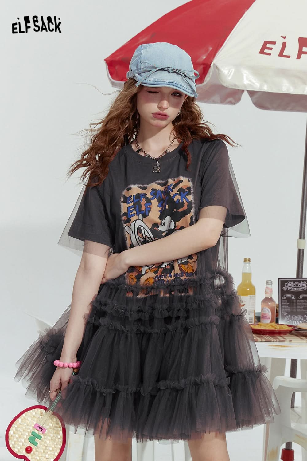 ELFSACK Mickey mesh stitching print rebellious sexy T-shirt dress