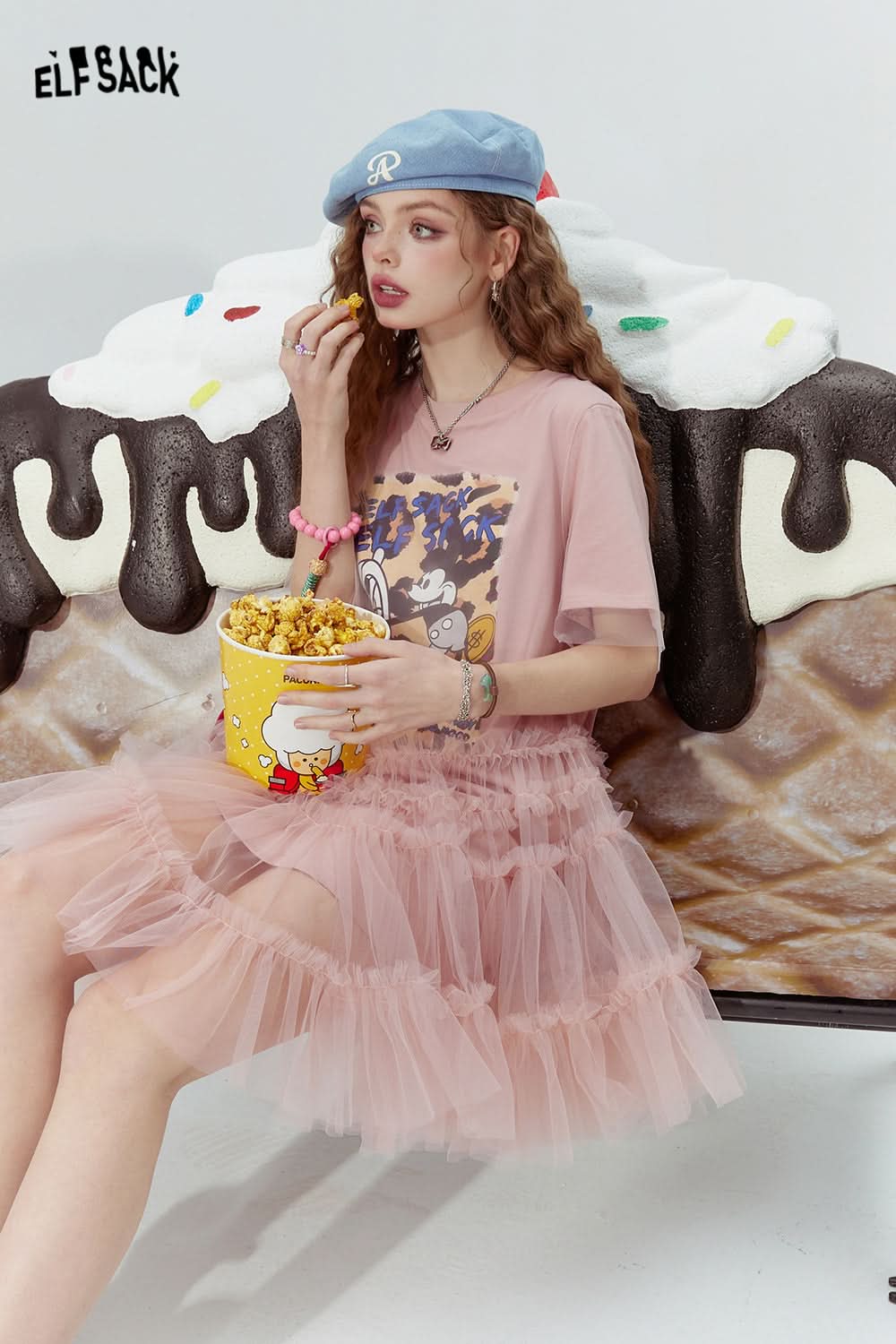 ELFSACK Mickey mesh stitching print rebellious sexy T-shirt dress