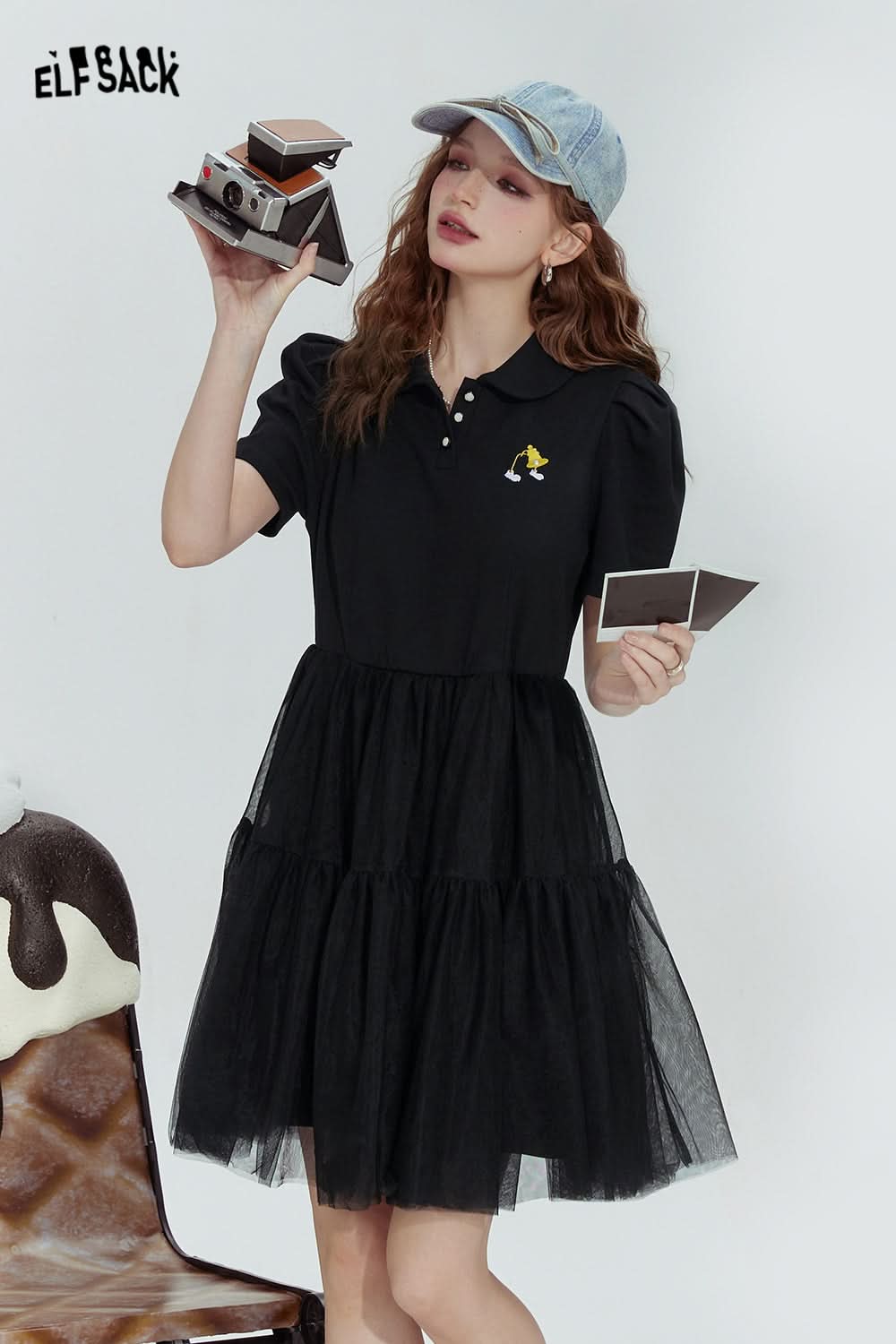 ELFSACK Black mesh fashion rebellious cute style stitching dress
