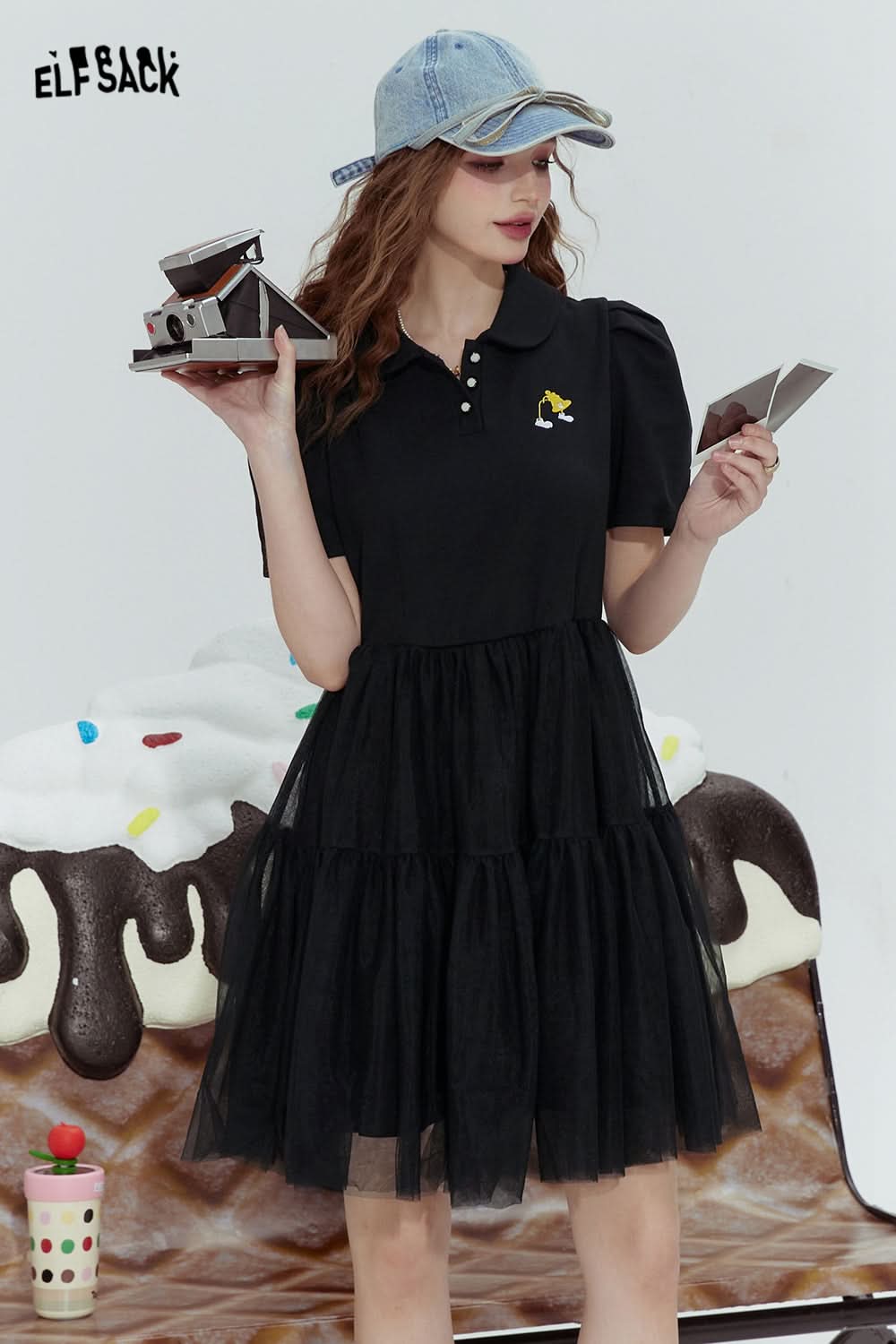 ELFSACK Black mesh fashion rebellious cute style stitching dress