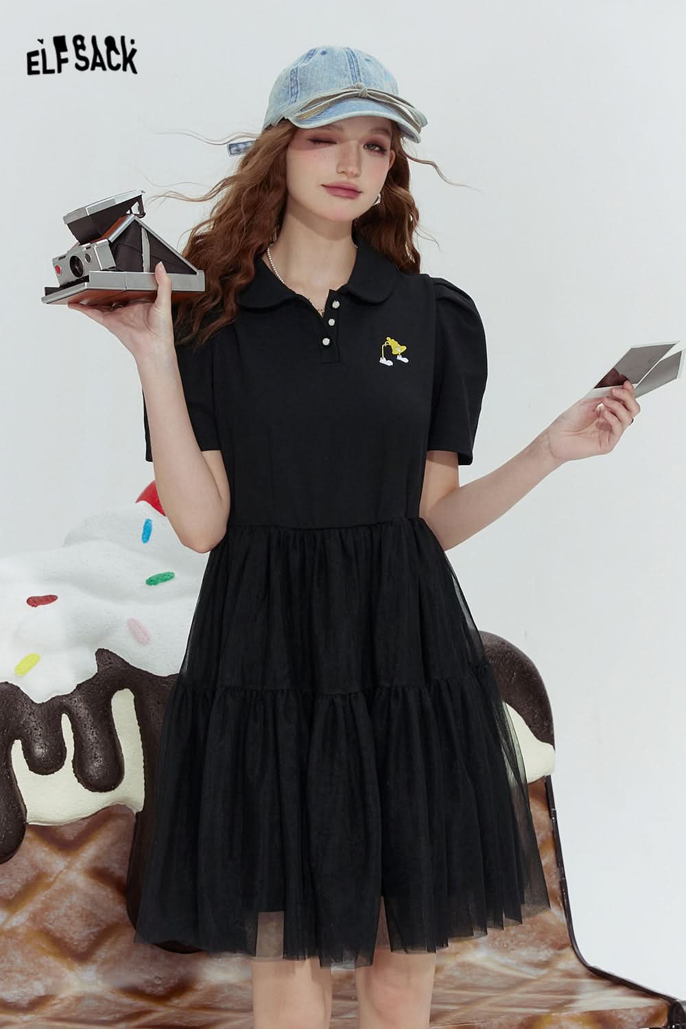 ELFSACK Black mesh fashion rebellious cute style stitching dress