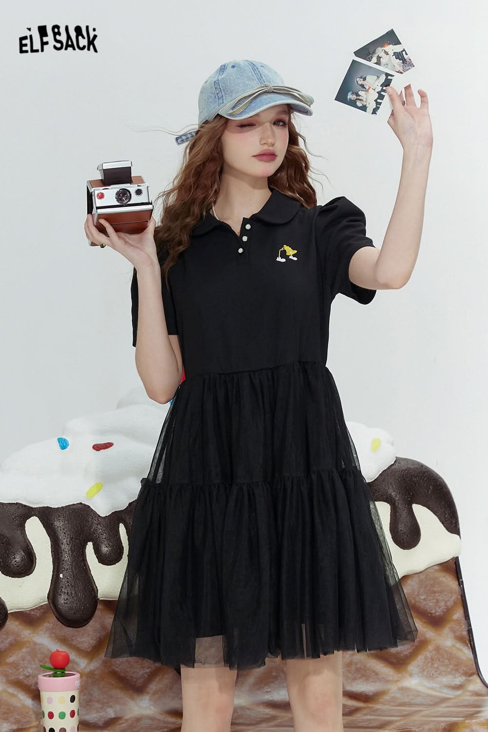 ELFSACK Black mesh fashion rebellious cute style stitching dress
