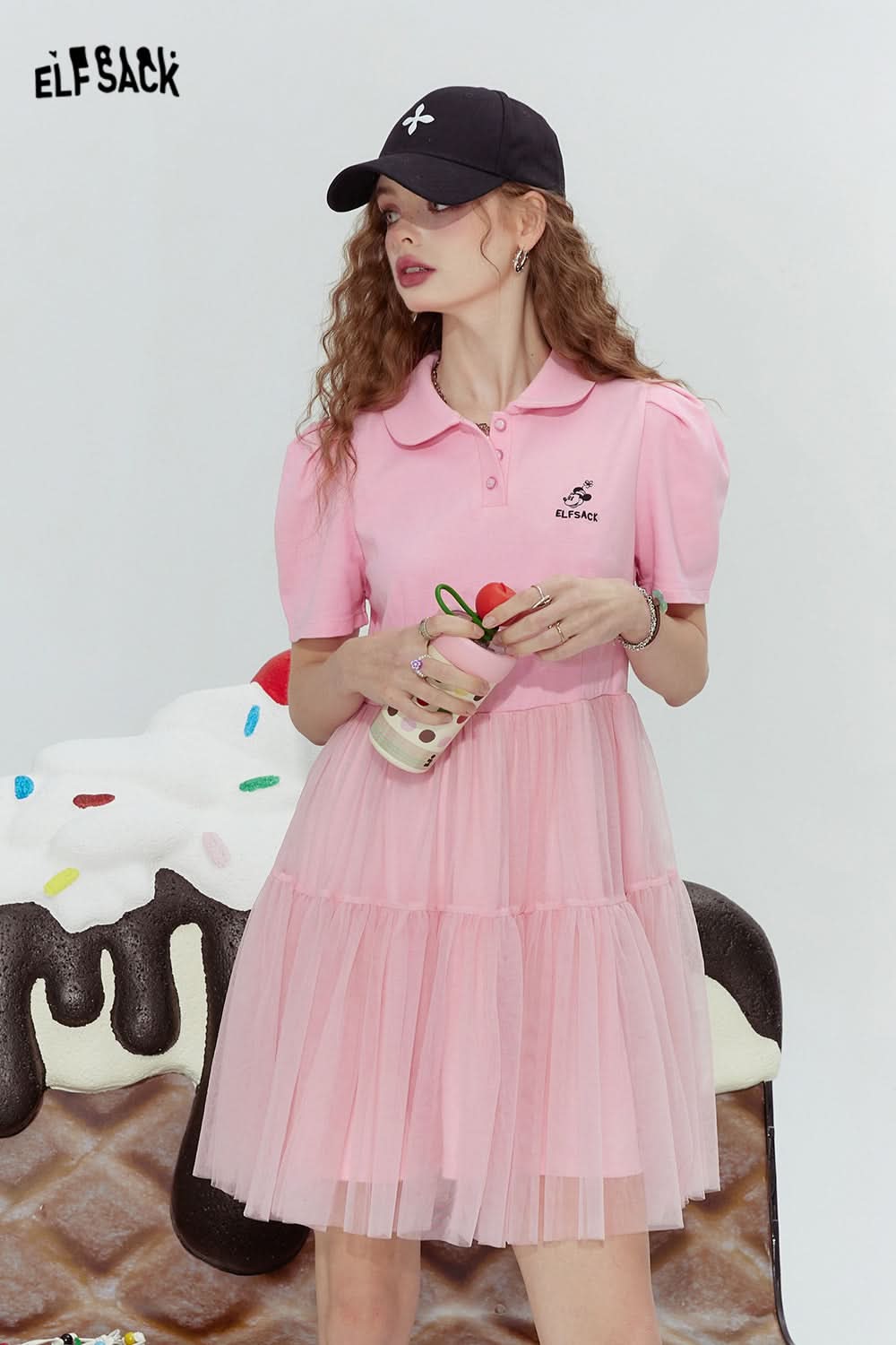 ELFSACK Black mesh fashion rebellious cute style stitching dress