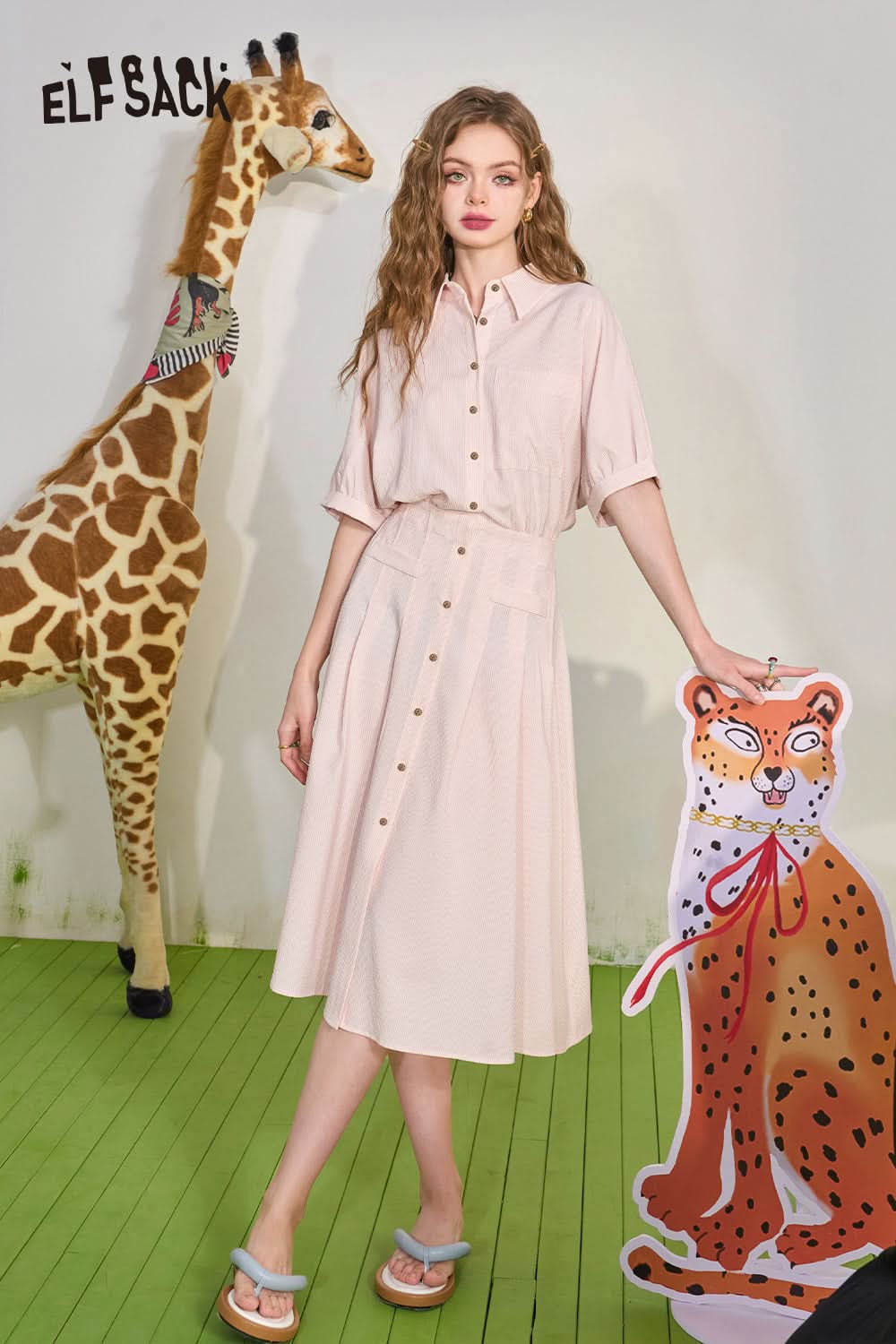ELFSACK Striped Waist Waist Shirt Dress Women's Slim and Elegant Casual Dress