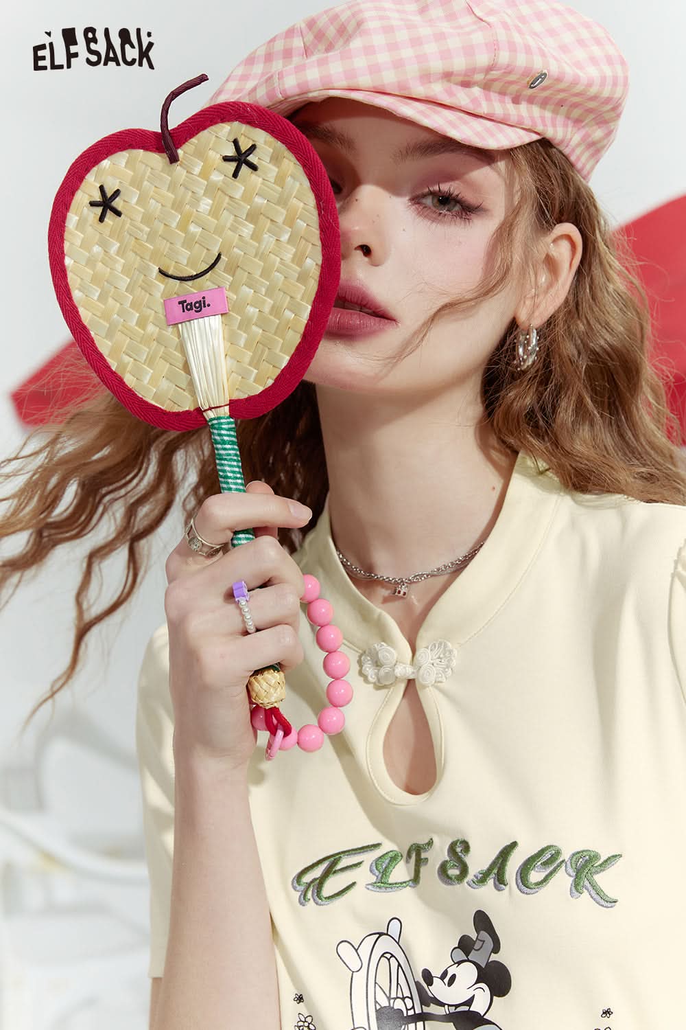 ELFSACK Water drop collar Chinese style tight apricot slim shoulder short sleeve T-shirt