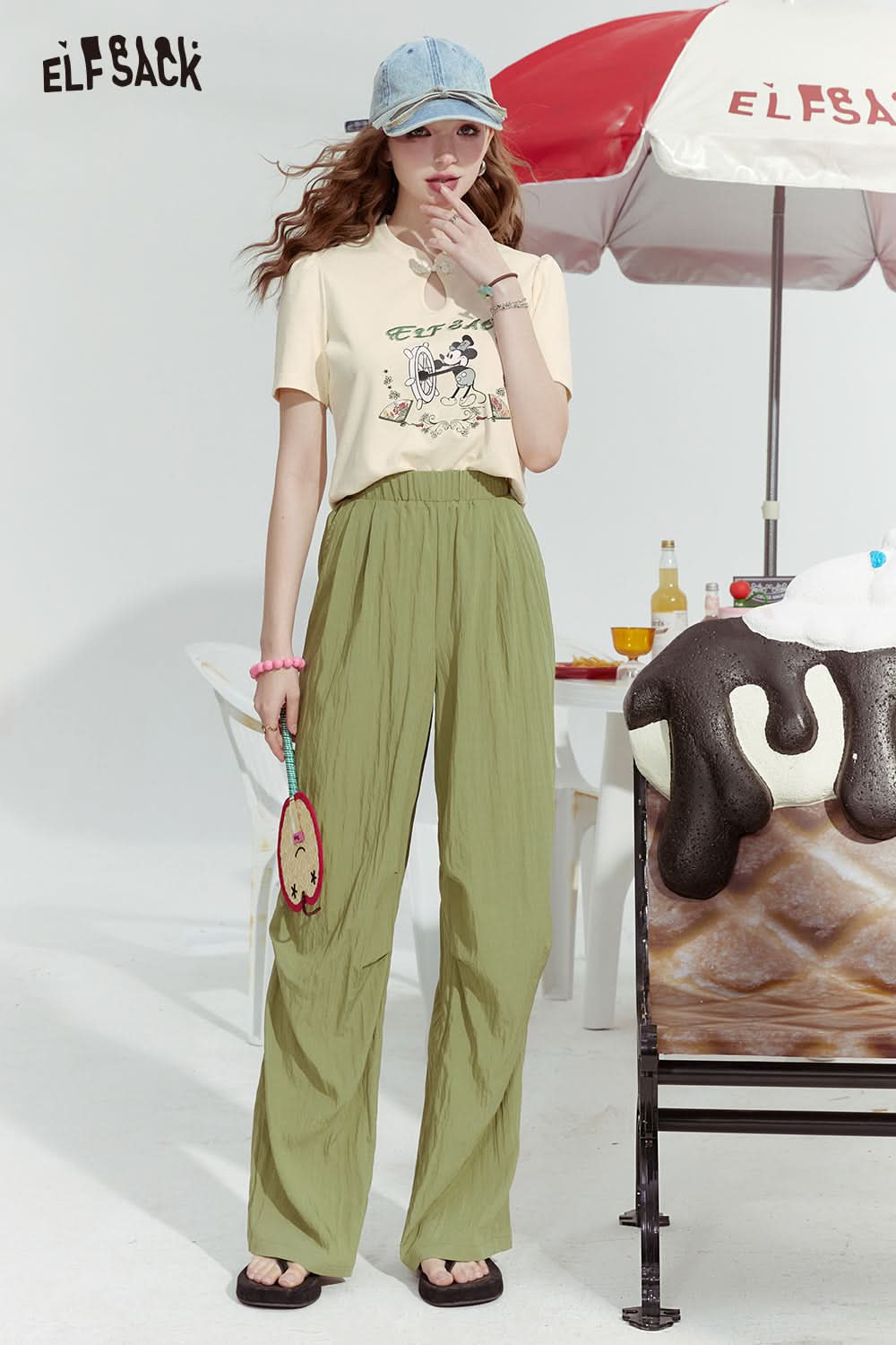 ELFSACK Water drop collar Chinese style tight apricot slim shoulder short sleeve T-shirt