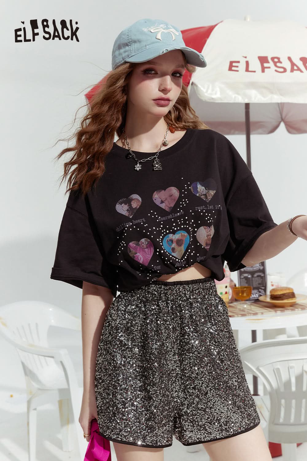ELFSACK Dopamine series fashionable gentle love print loose short-sleeved T-shirt