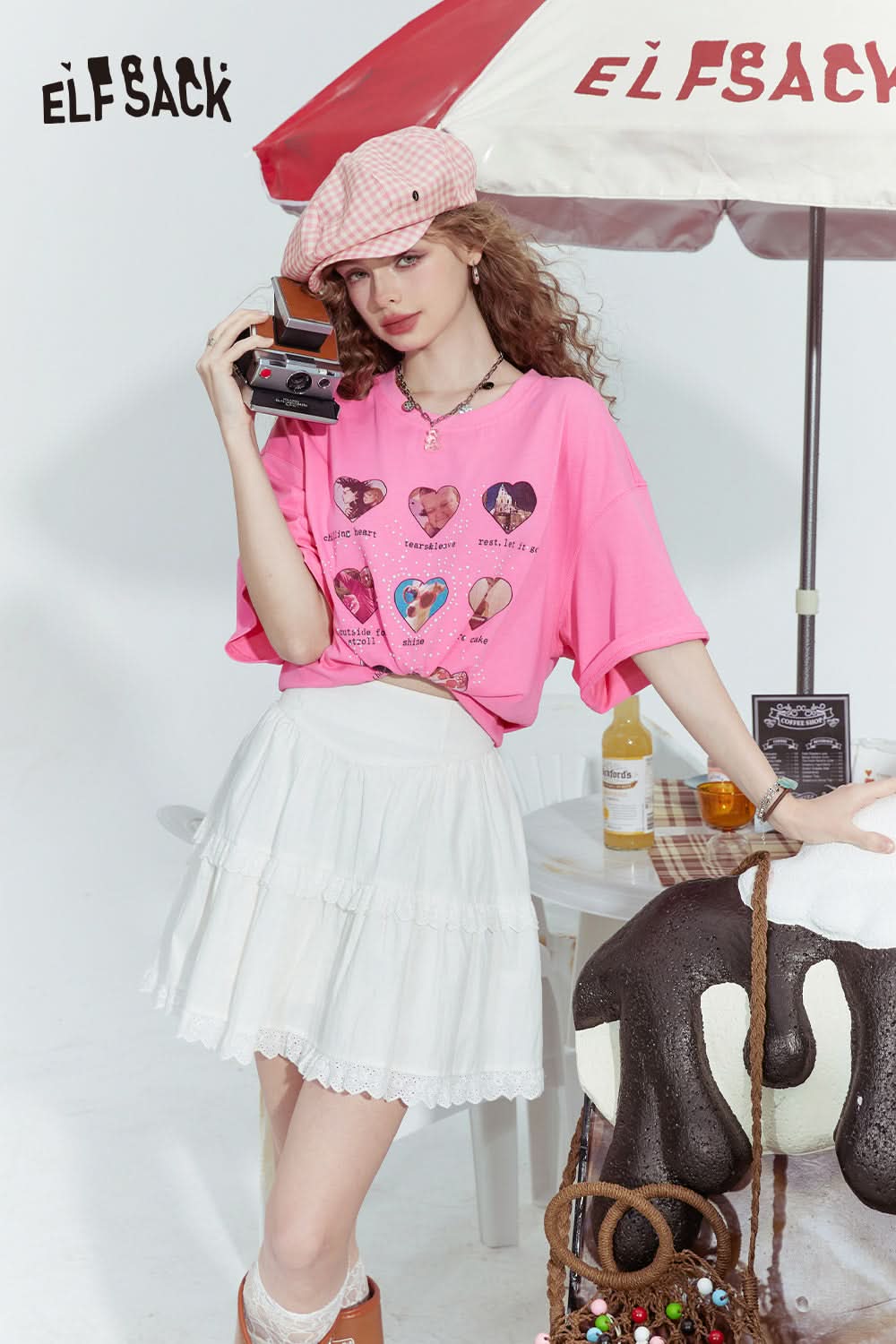 ELFSACK Dopamine series fashionable gentle love print loose short-sleeved T-shirt