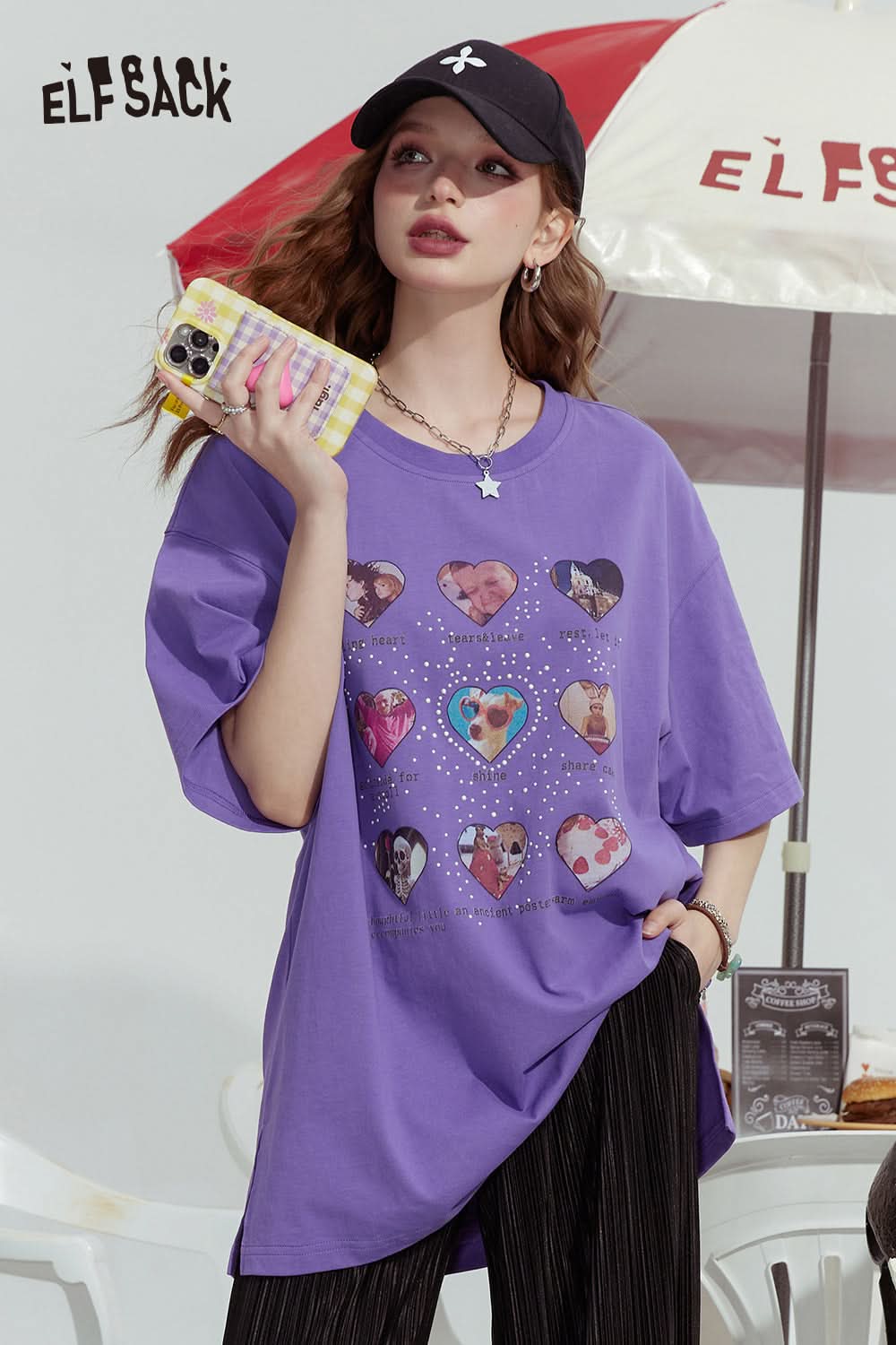 ELFSACK Dopamine series fashionable gentle love print loose short-sleeved T-shirt
