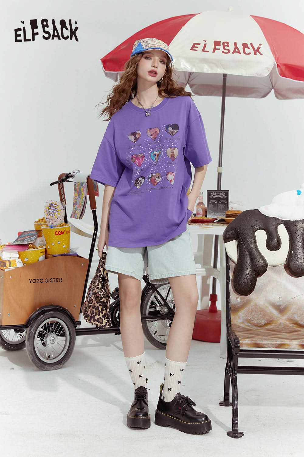 ELFSACK Dopamine series fashionable gentle love print loose short-sleeved T-shirt