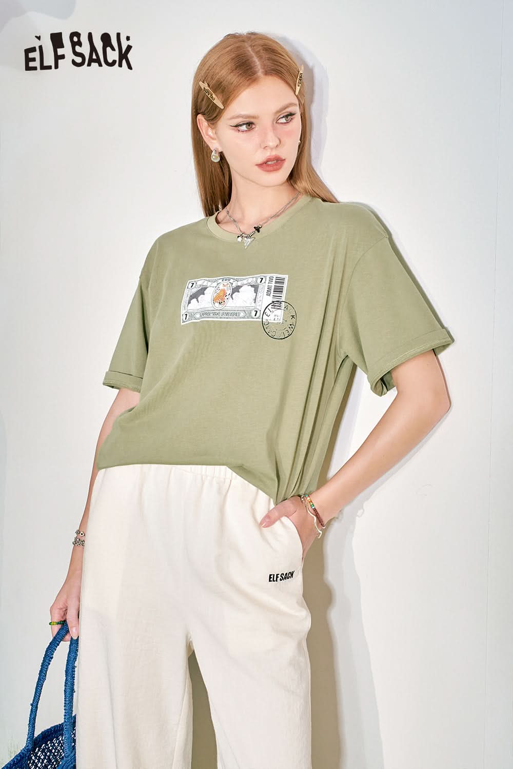 ELFSACK Loose Short sleeved T-shirt Slim and Casual Versatile Basic Top