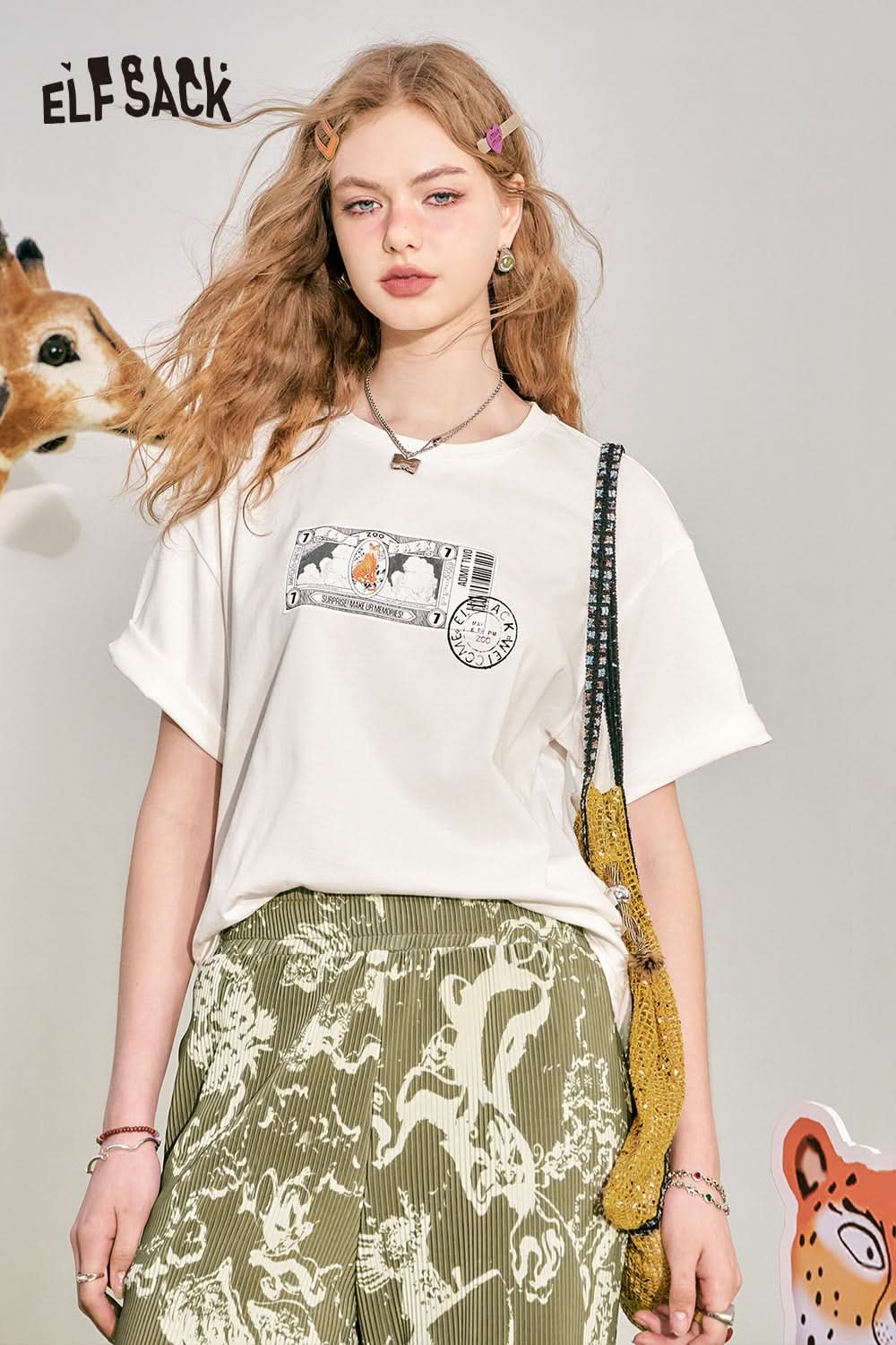 ELFSACK Loose Short sleeved T-shirt Slim and Casual Versatile Basic Top