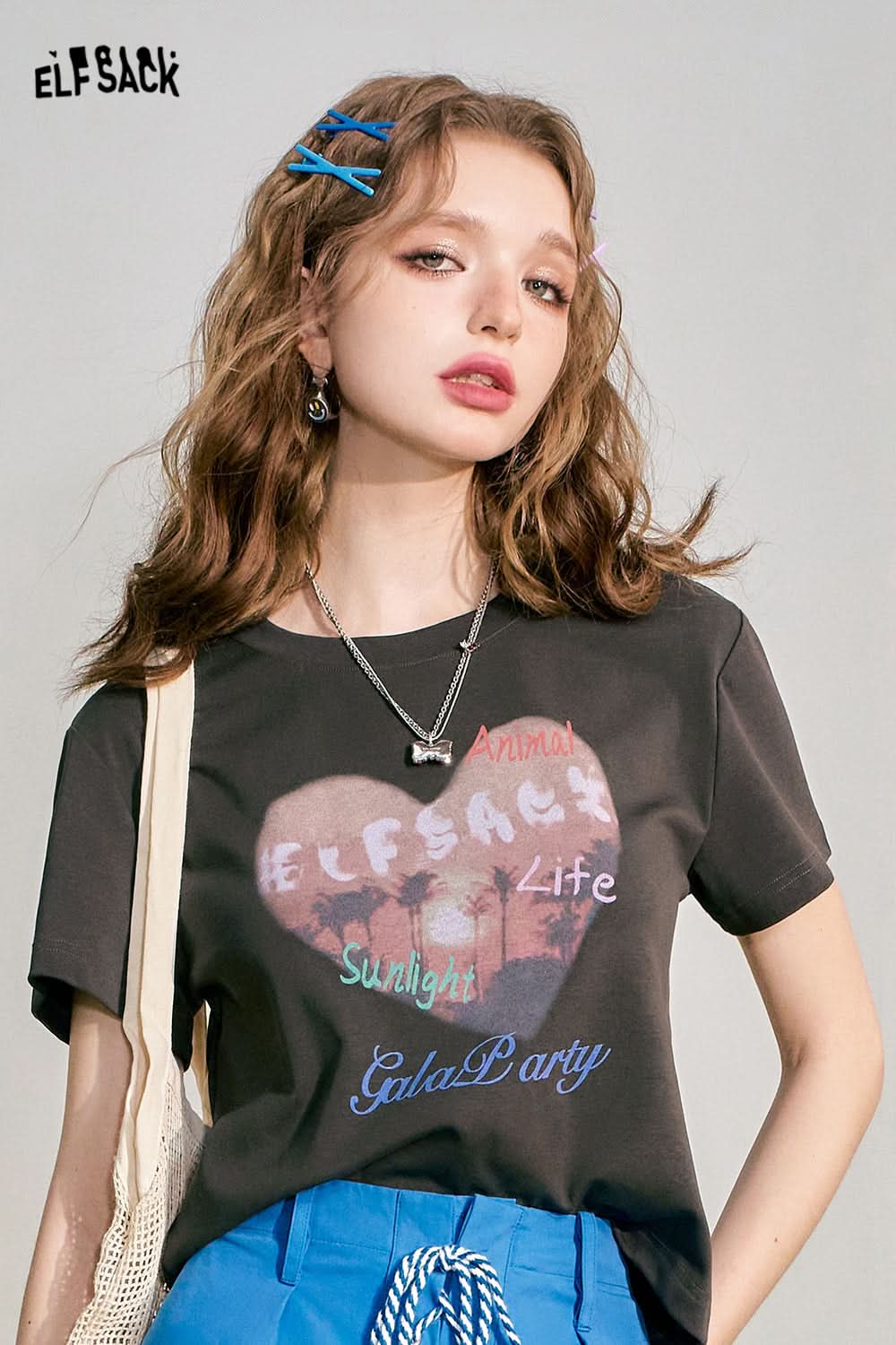 ELFSACK Love Print BM Slim Fit Short Sleeve T-shirt Women's Slim Short Top