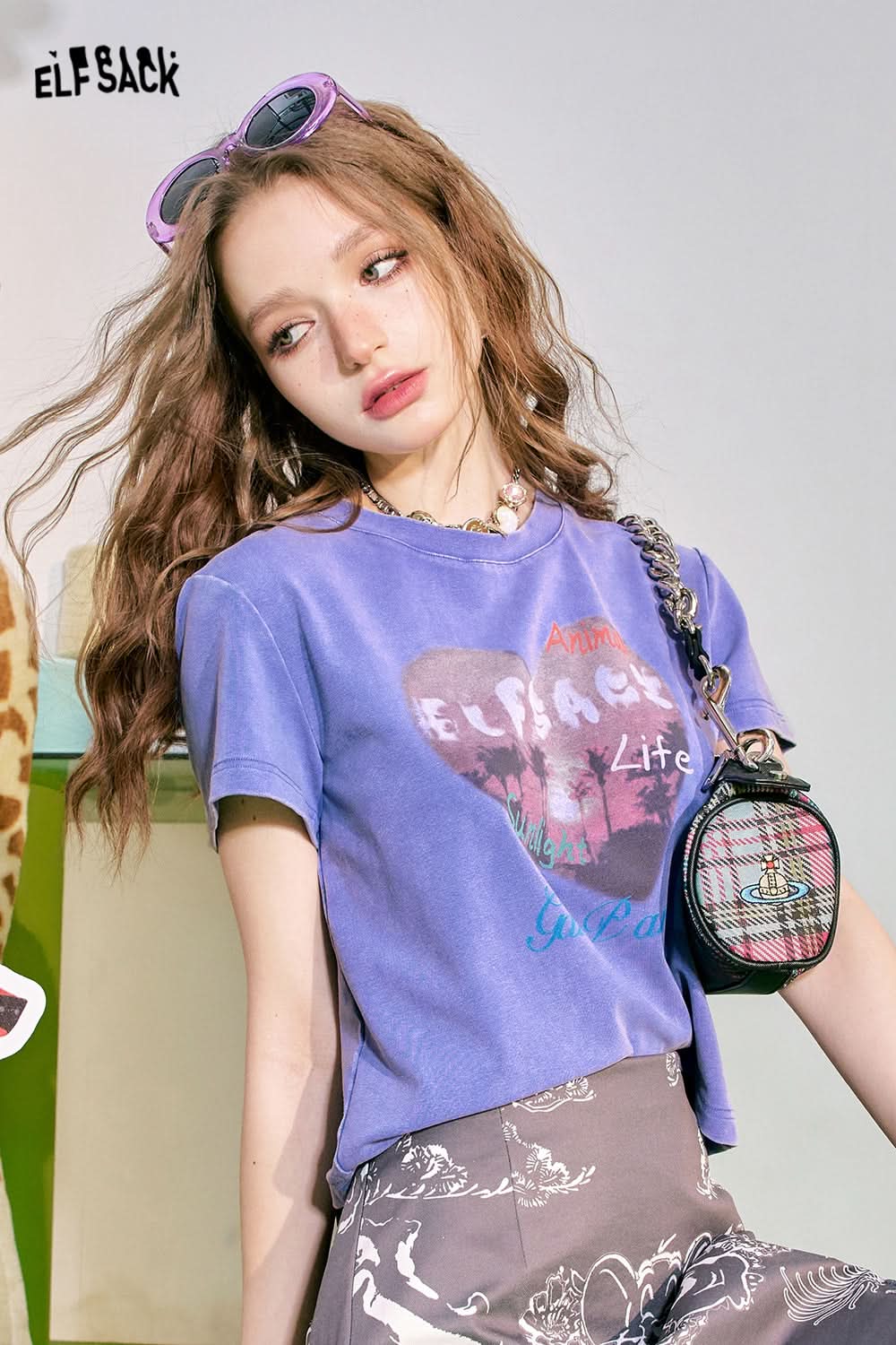 ELFSACK Love Print BM Slim Fit Short Sleeve T-shirt Women's Slim Short Top