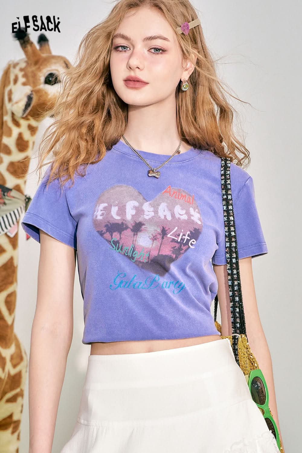 ELFSACK Love Print BM Slim Fit Short Sleeve T-shirt Women's Slim Short Top