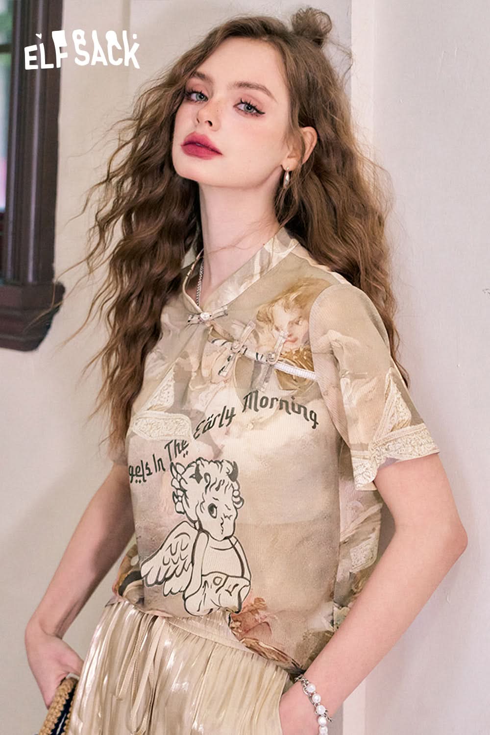 ELFSACK Chinese style buttoned angel design loose Chinese style short-sleeved T-shirt
