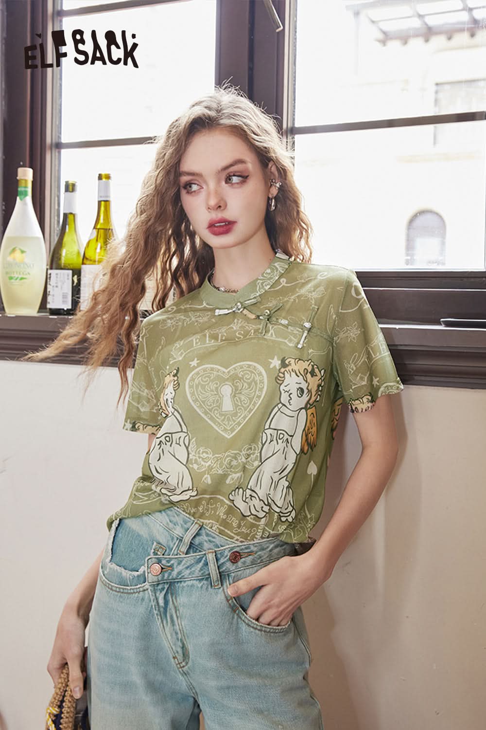 ELFSACK Chinese style buttoned angel design loose Chinese style short-sleeved T-shirt