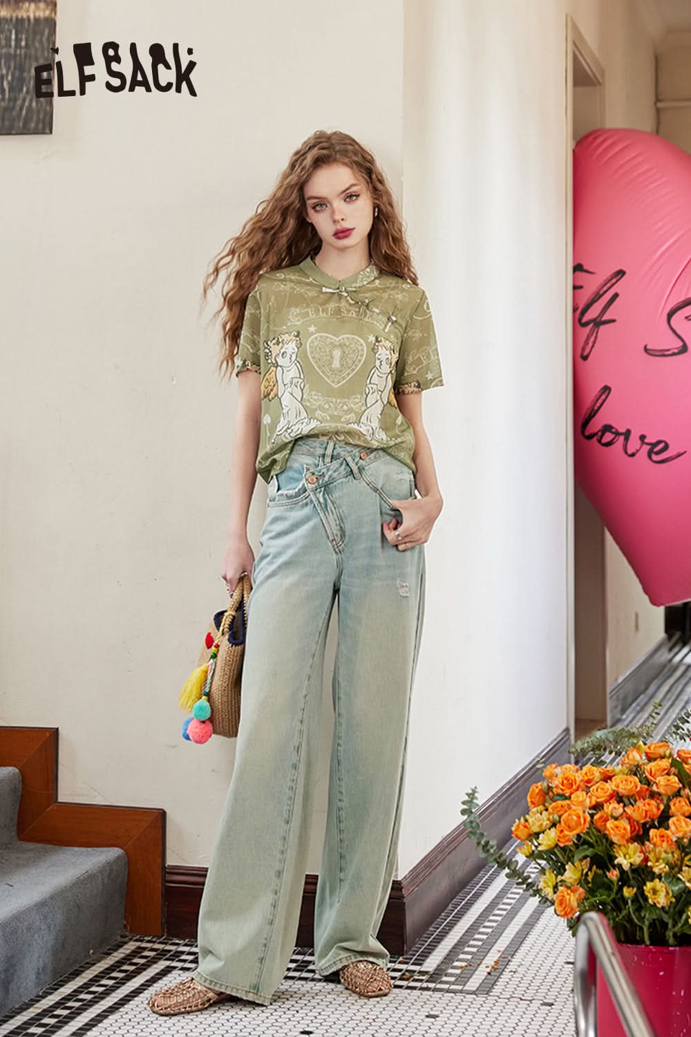 ELFSACK Chinese style buttoned angel design loose Chinese style short-sleeved T-shirt
