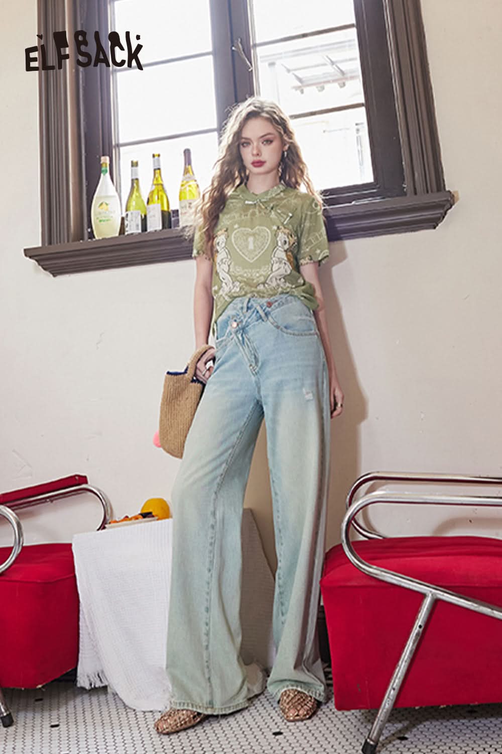 ELFSACK Chinese style buttoned angel design loose Chinese style short-sleeved T-shirt