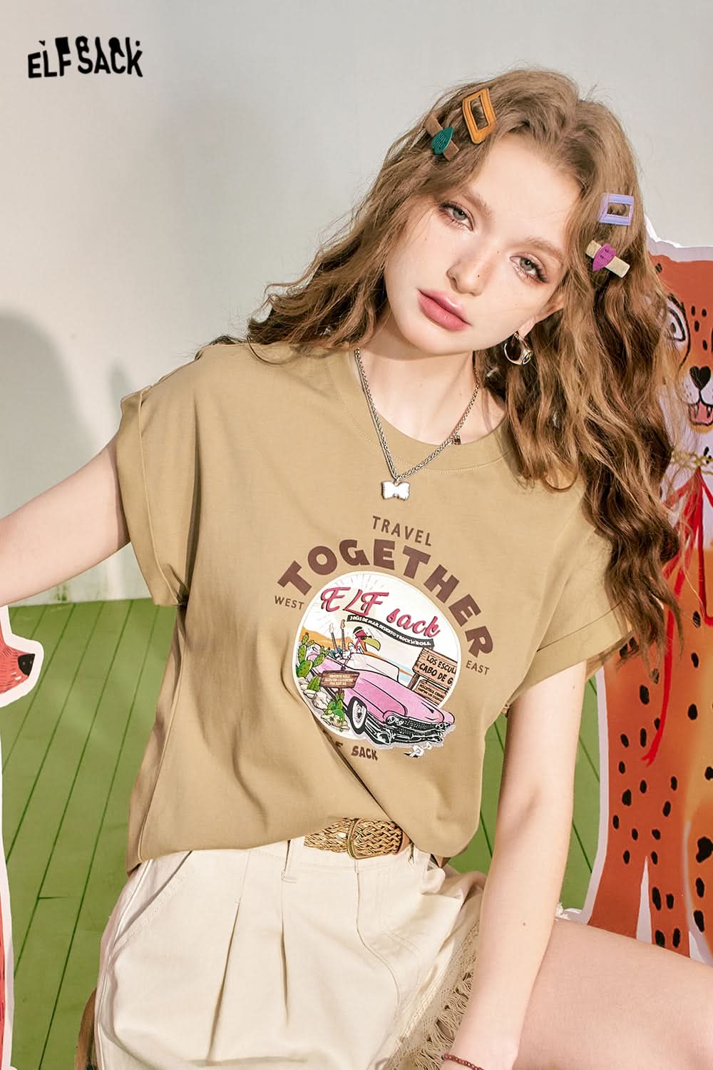 ELFSACK Pink Loose Short sleeved T-shirt Women's Cuff Lace Design Slimming Top