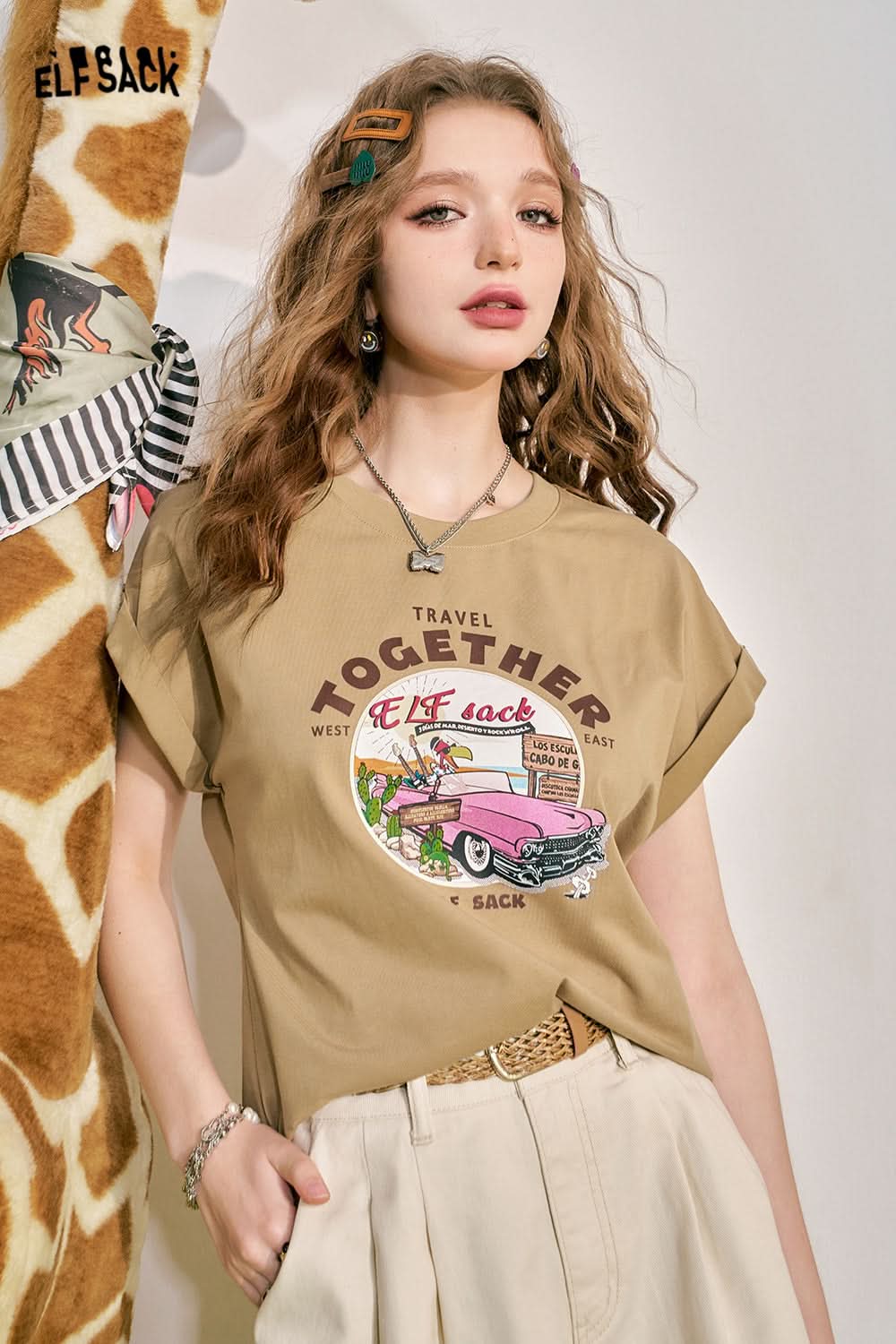 ELFSACK Pink Loose Short sleeved T-shirt Women's Cuff Lace Design Slimming Top