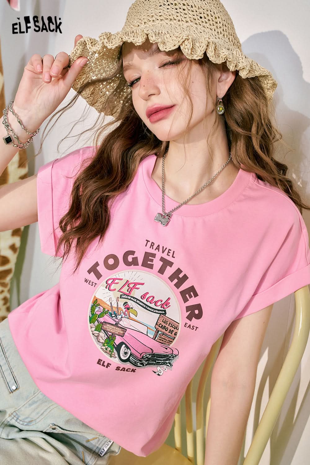 ELFSACK Pink Loose Short sleeved T-shirt Women's Cuff Lace Design Slimming Top