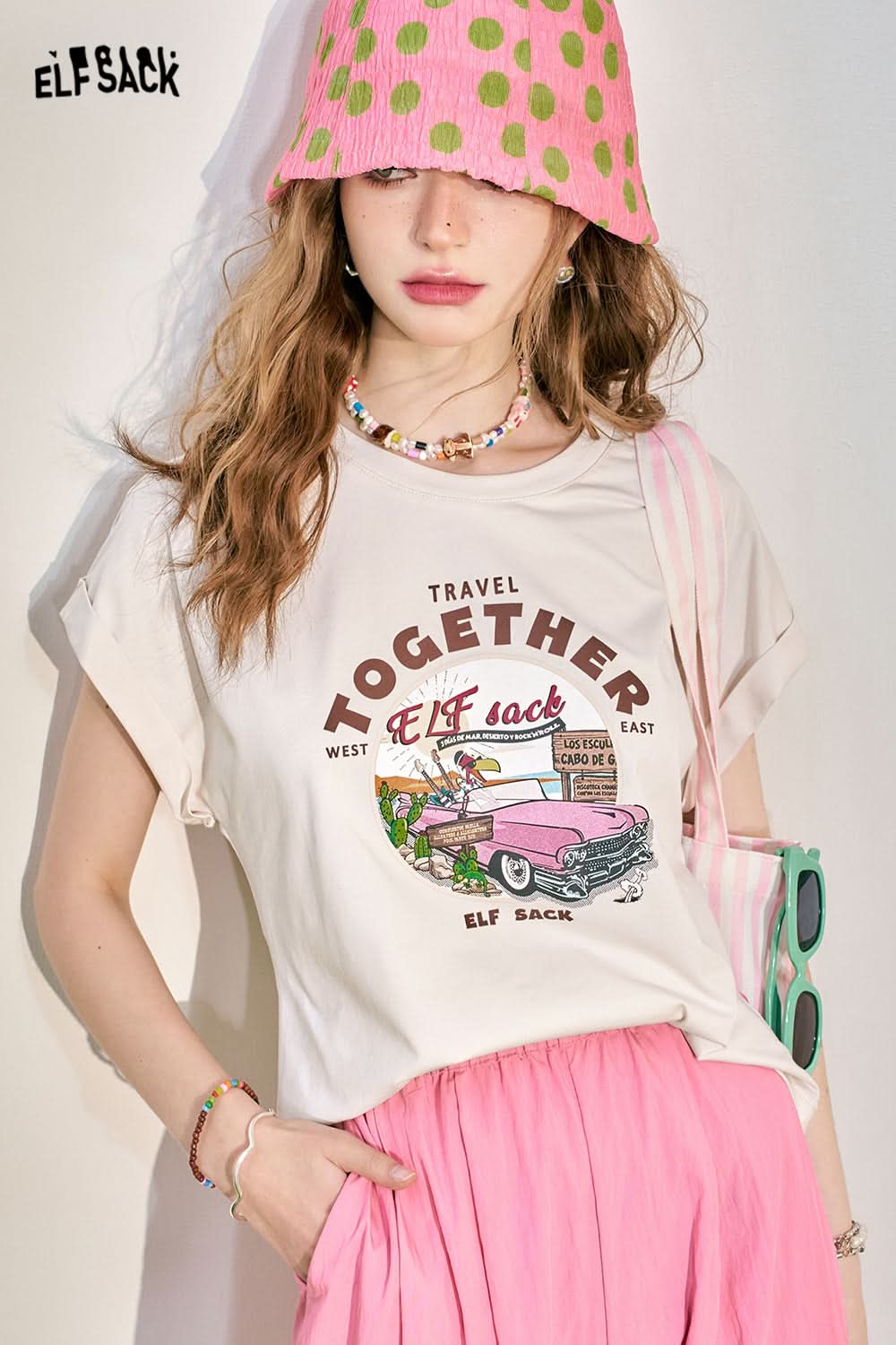 ELFSACK Pink Loose Short sleeved T-shirt Women's Cuff Lace Design Slimming Top