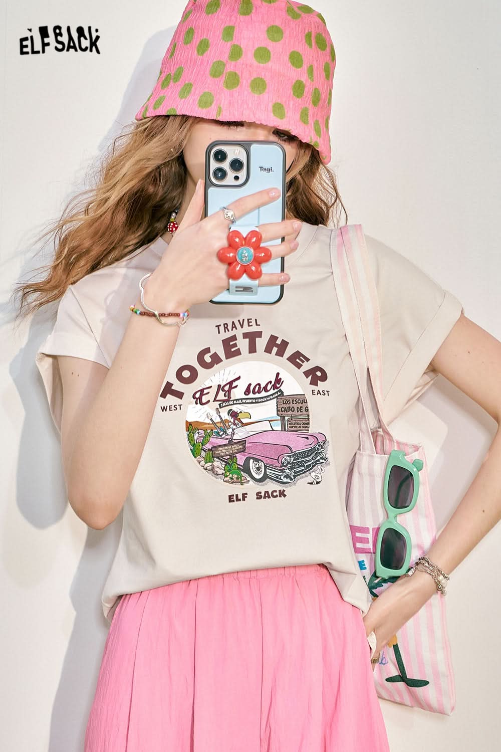 ELFSACK Pink Loose Short sleeved T-shirt Women's Cuff Lace Design Slimming Top