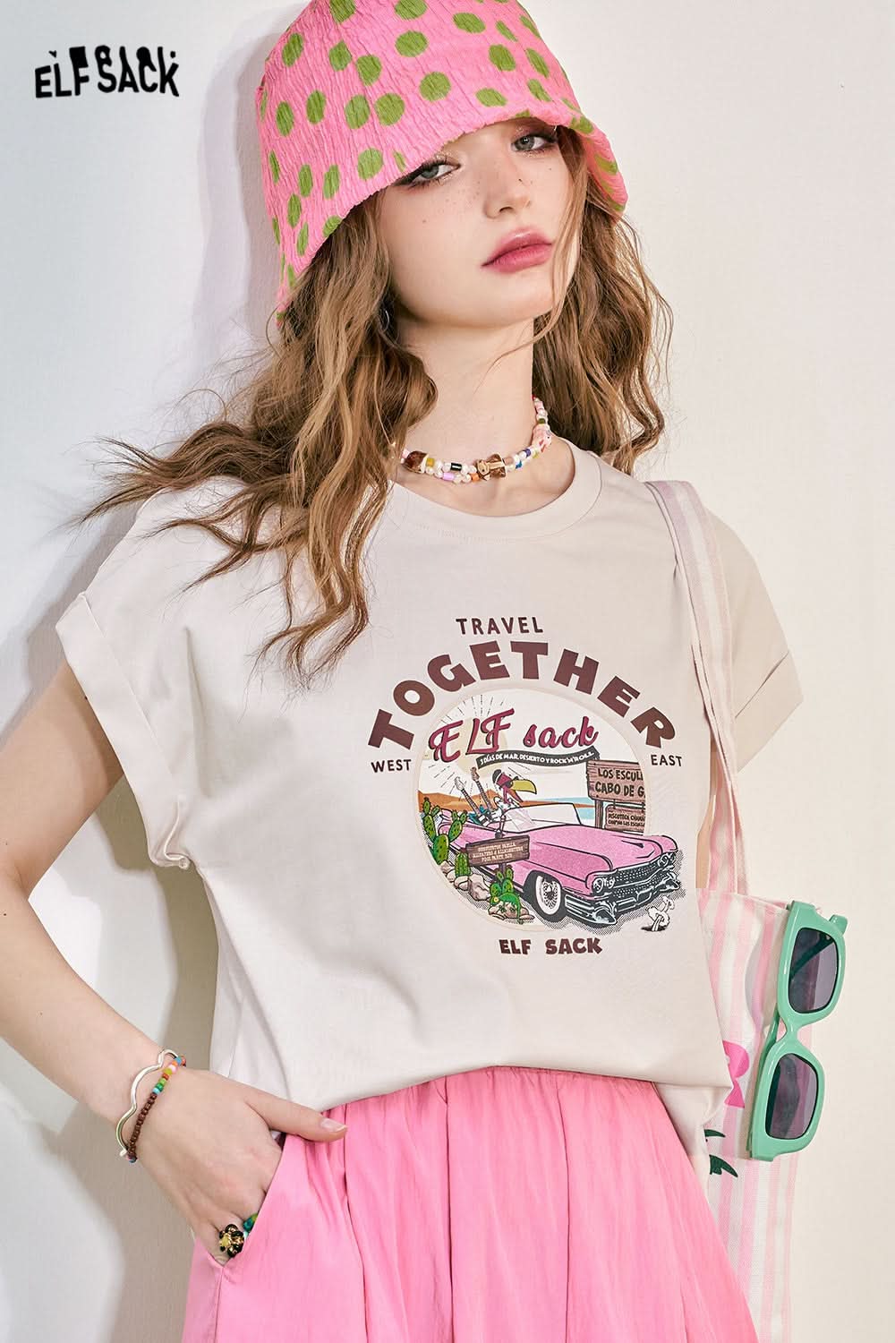 ELFSACK Pink Loose Short sleeved T-shirt Women's Cuff Lace Design Slimming Top