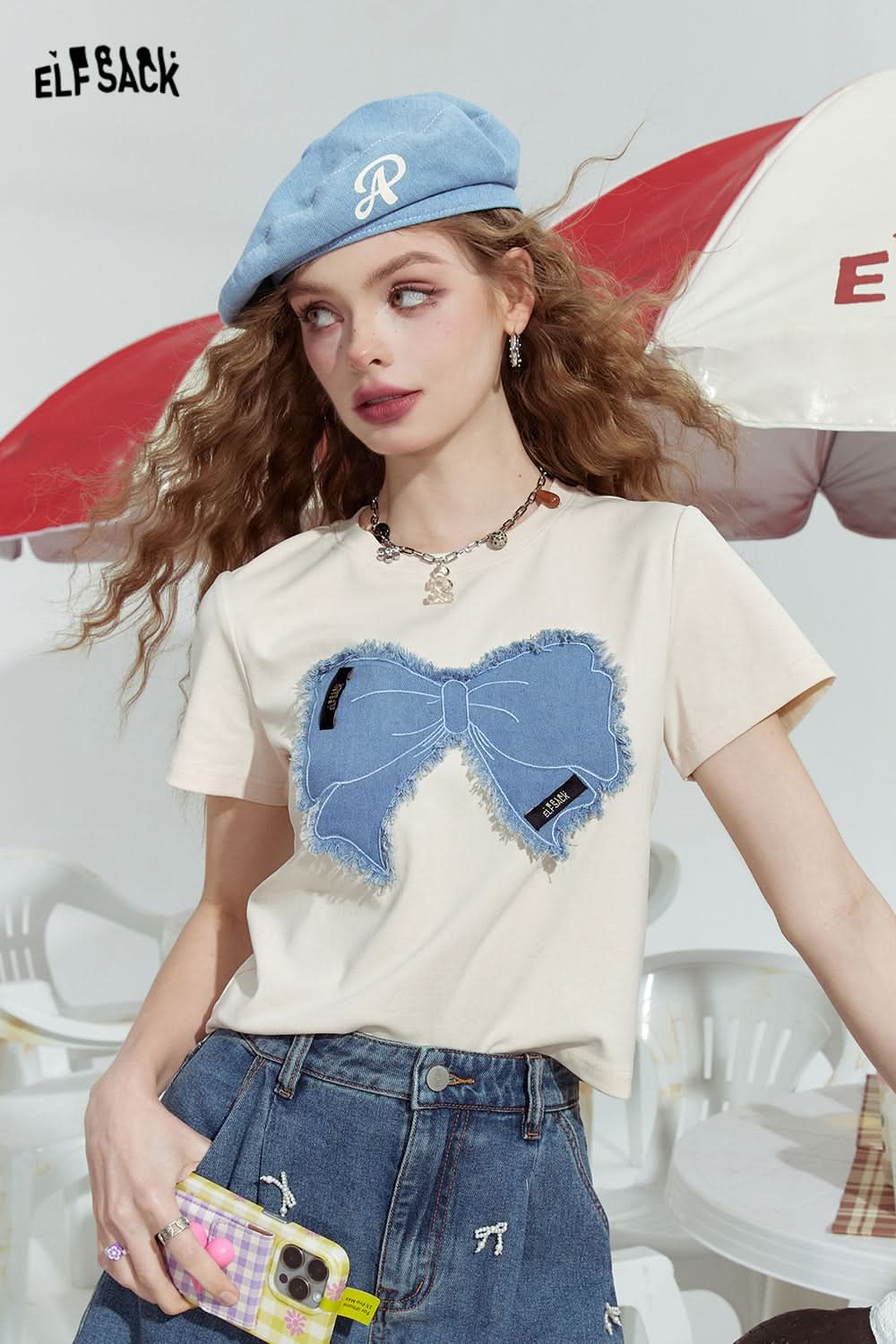 ELFSACK Bowknot slim fit gentle straight shoulder American versatile short sleeve T-shirt