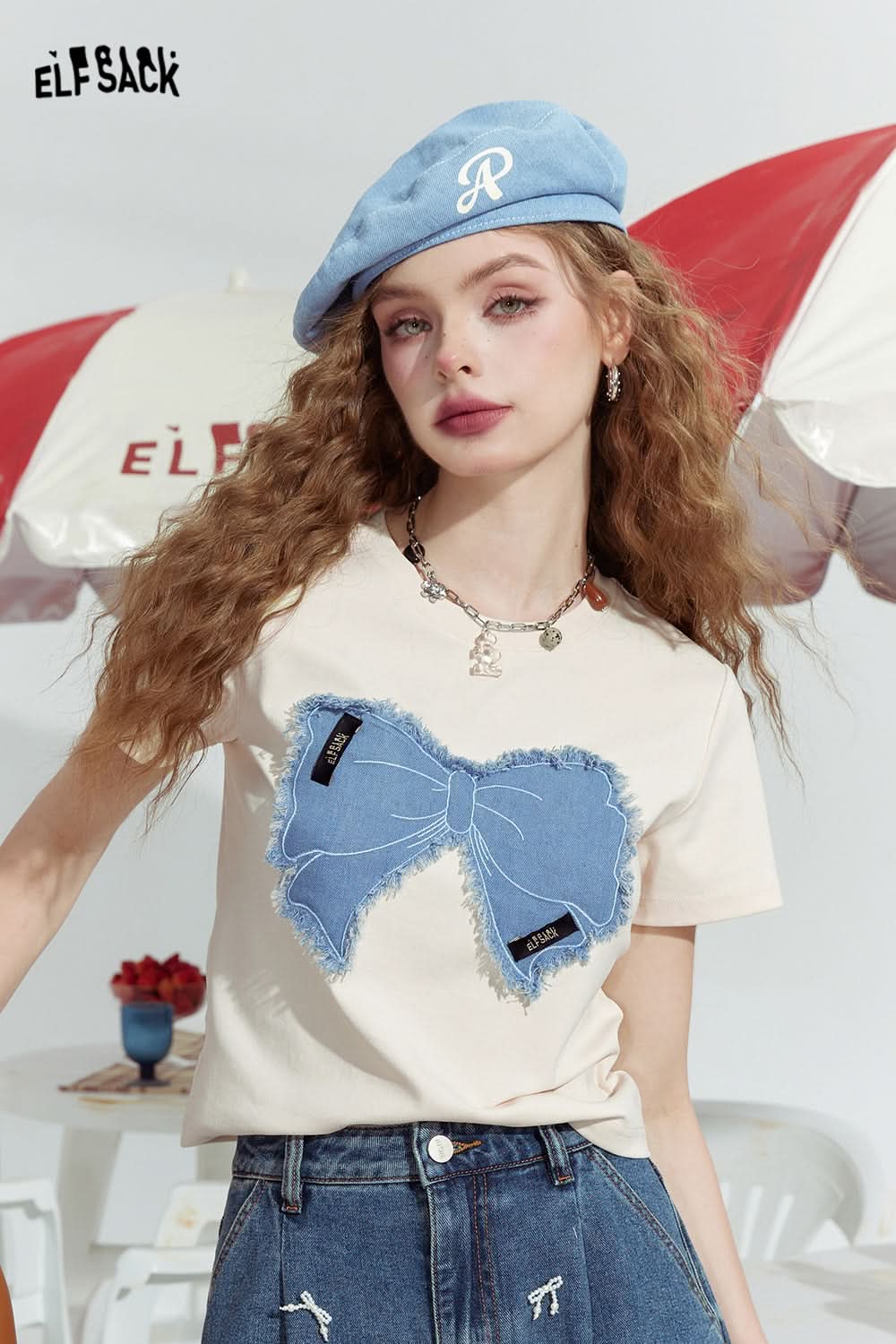 ELFSACK Bowknot slim fit gentle straight shoulder American versatile short sleeve T-shirt