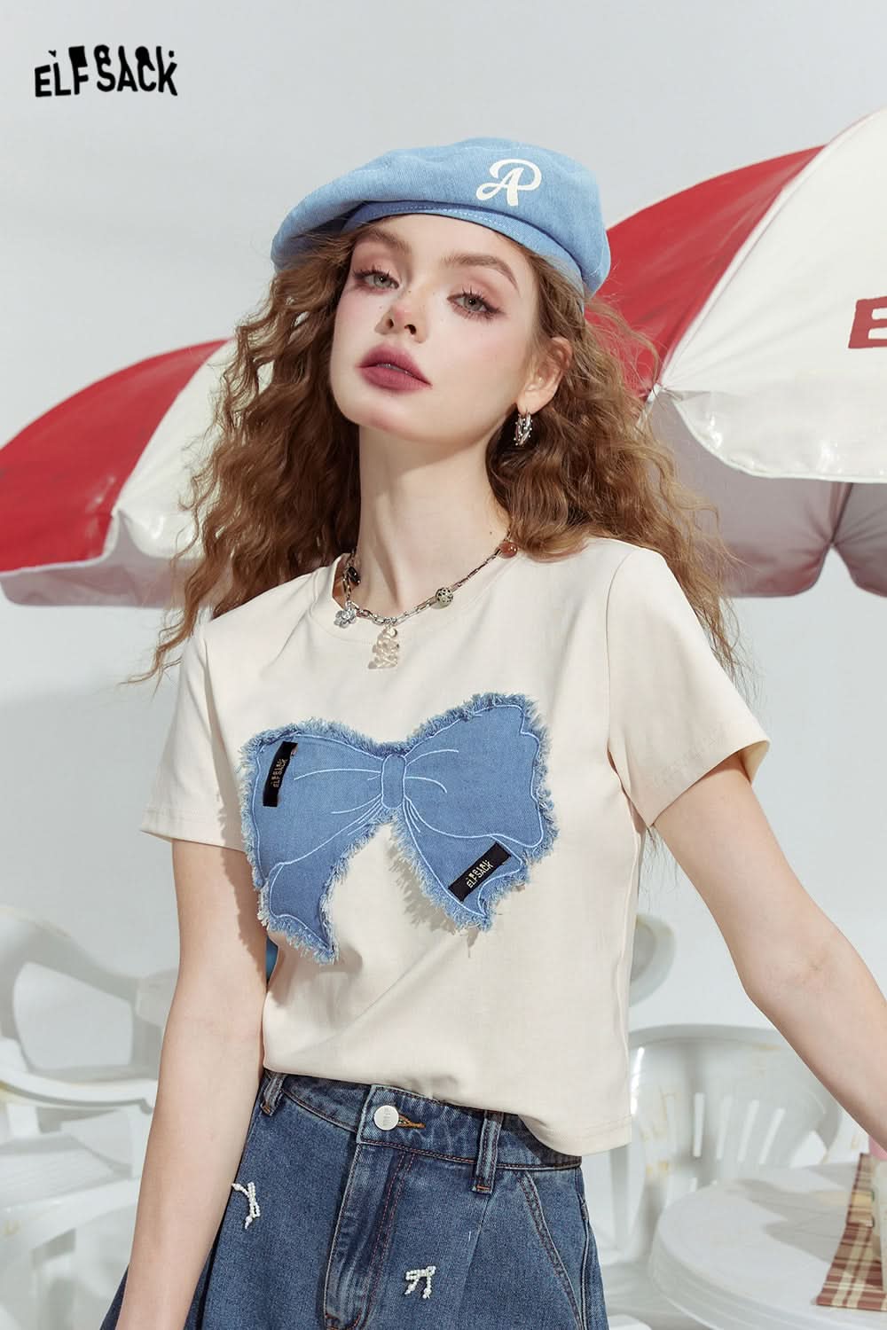 ELFSACK Bowknot slim fit gentle straight shoulder American versatile short sleeve T-shirt