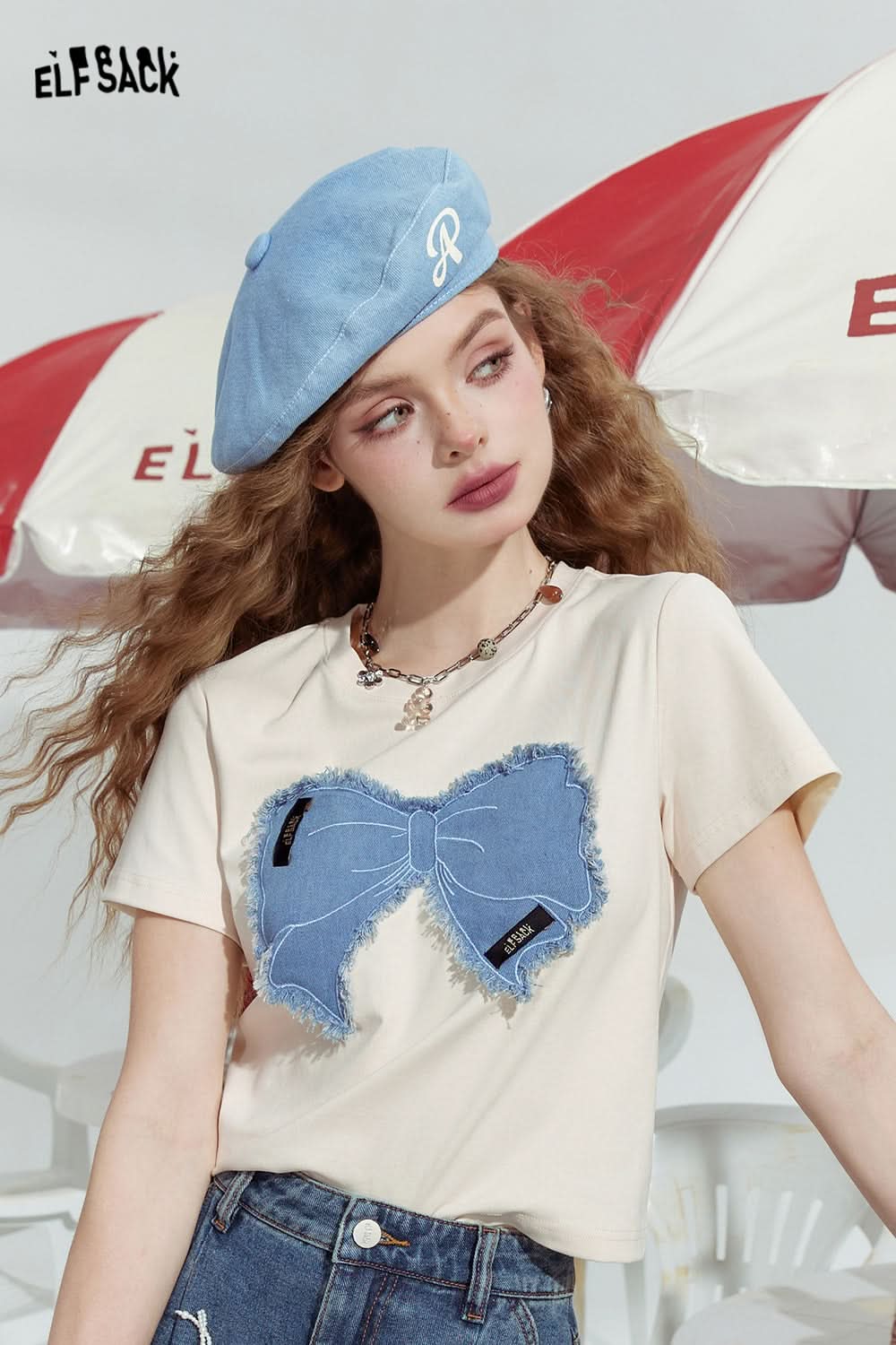 ELFSACK Bowknot slim fit gentle straight shoulder American versatile short sleeve T-shirt