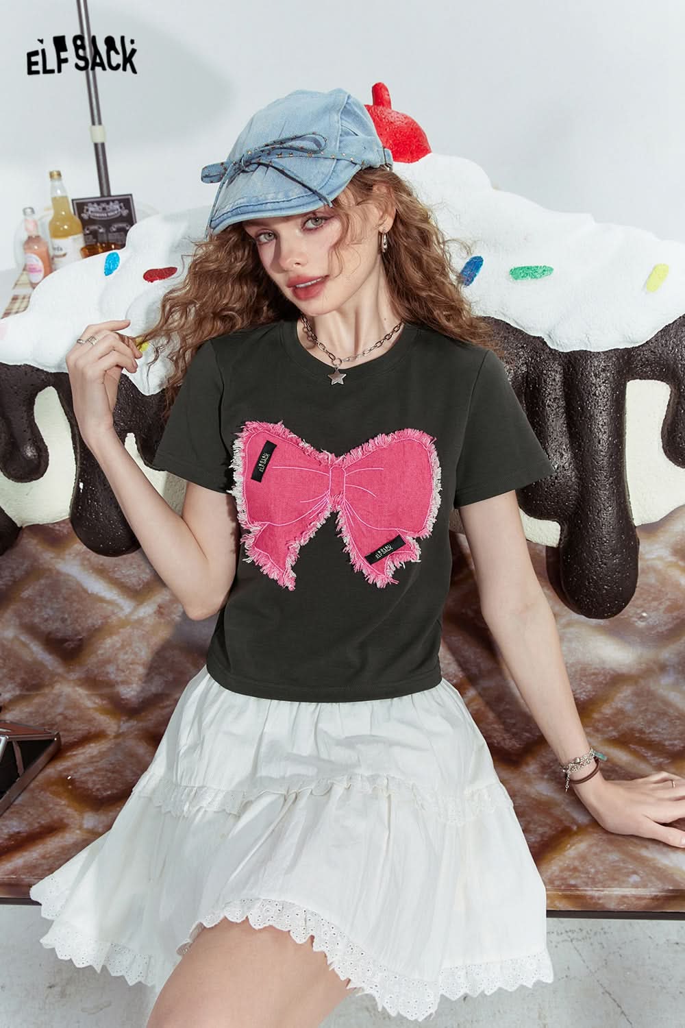 ELFSACK Bowknot slim fit gentle straight shoulder American versatile short sleeve T-shirt