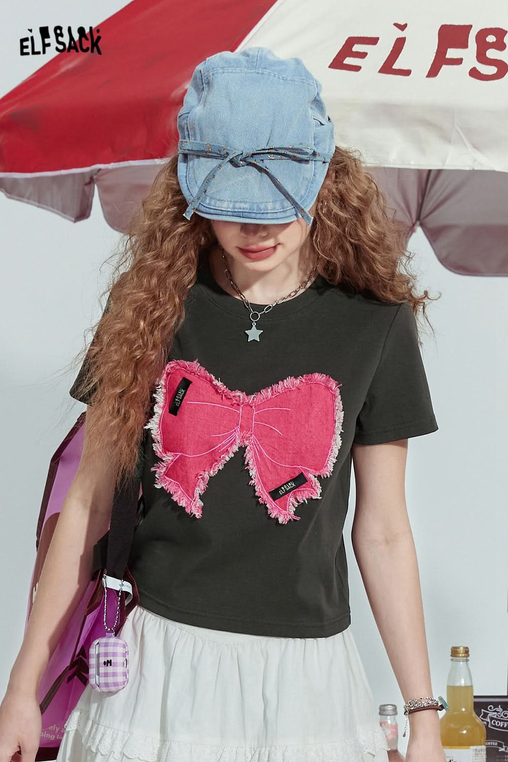 ELFSACK Bowknot slim fit gentle straight shoulder American versatile short sleeve T-shirt