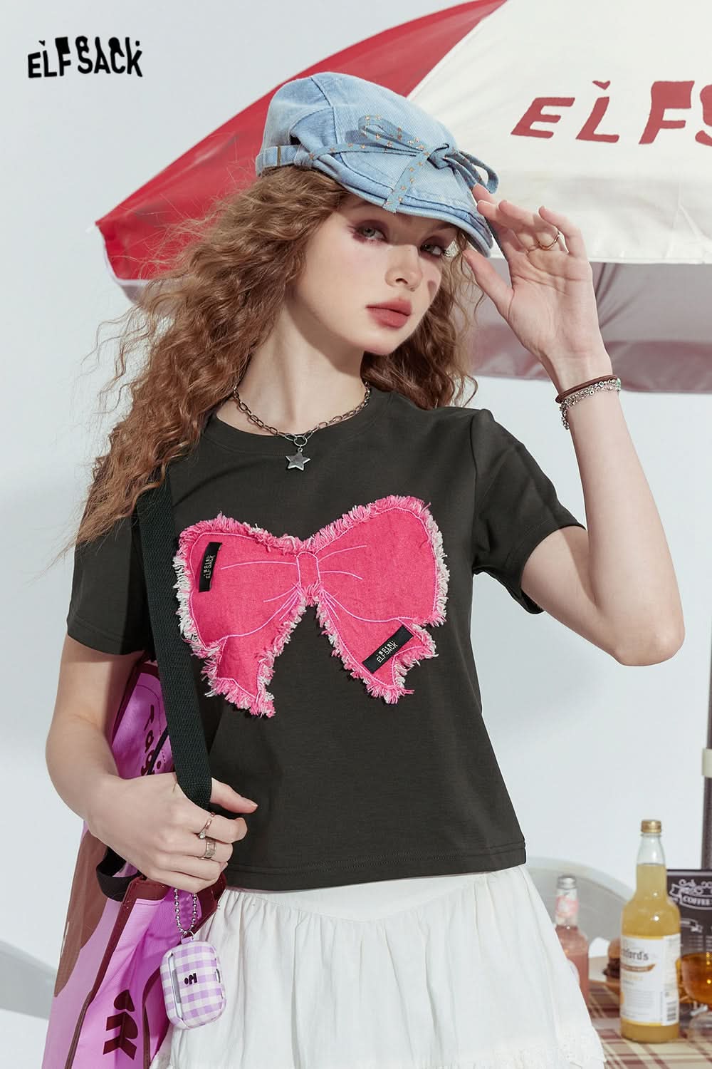 ELFSACK Bowknot slim fit gentle straight shoulder American versatile short sleeve T-shirt