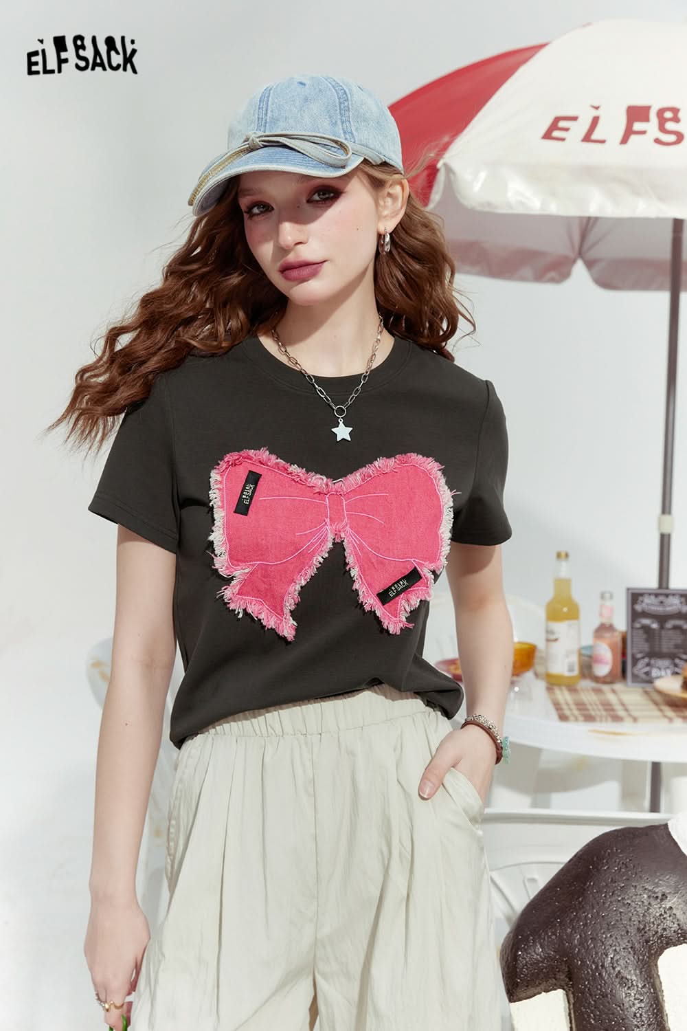 ELFSACK Bowknot slim fit gentle straight shoulder American versatile short sleeve T-shirt