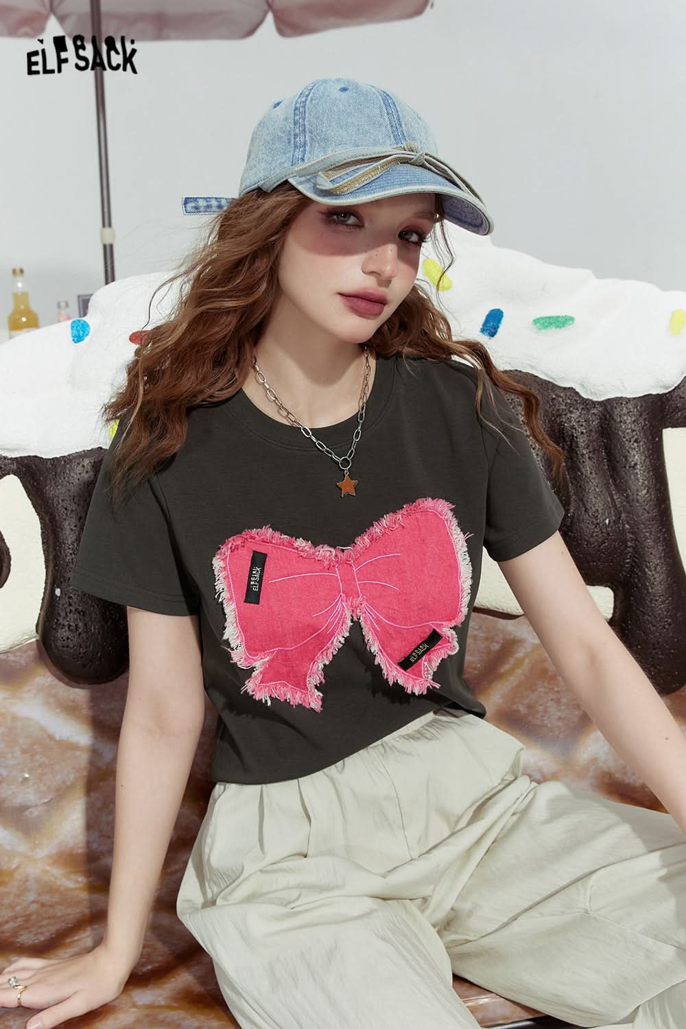 ELFSACK Bowknot slim fit gentle straight shoulder American versatile short sleeve T-shirt