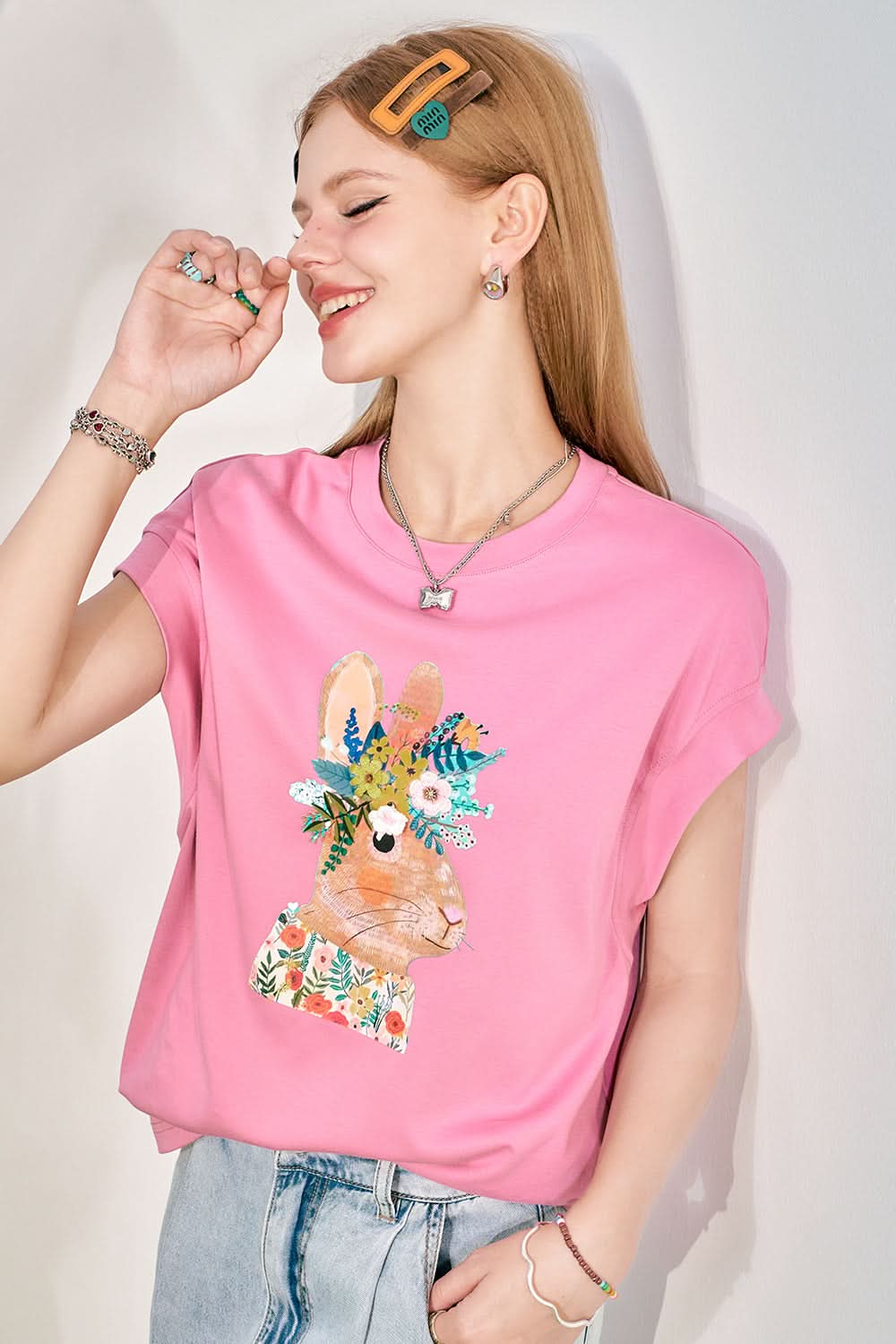 ELFSACK Rabbit Print Loose Short sleeved T-shirt Women's Design Versatile Top