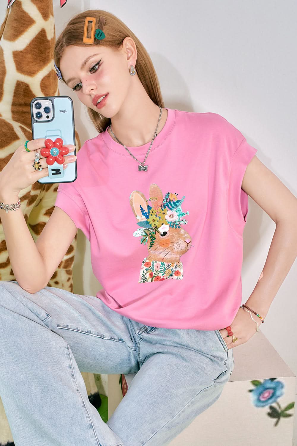 ELFSACK Rabbit Print Loose Short sleeved T-shirt Women's Design Versatile Top