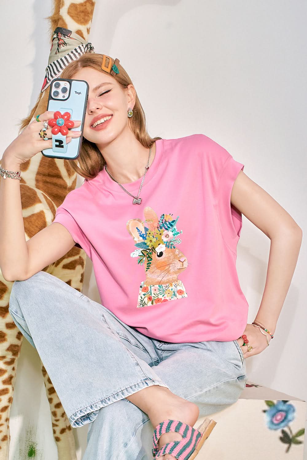 ELFSACK Rabbit Print Loose Short sleeved T-shirt Women's Design Versatile Top