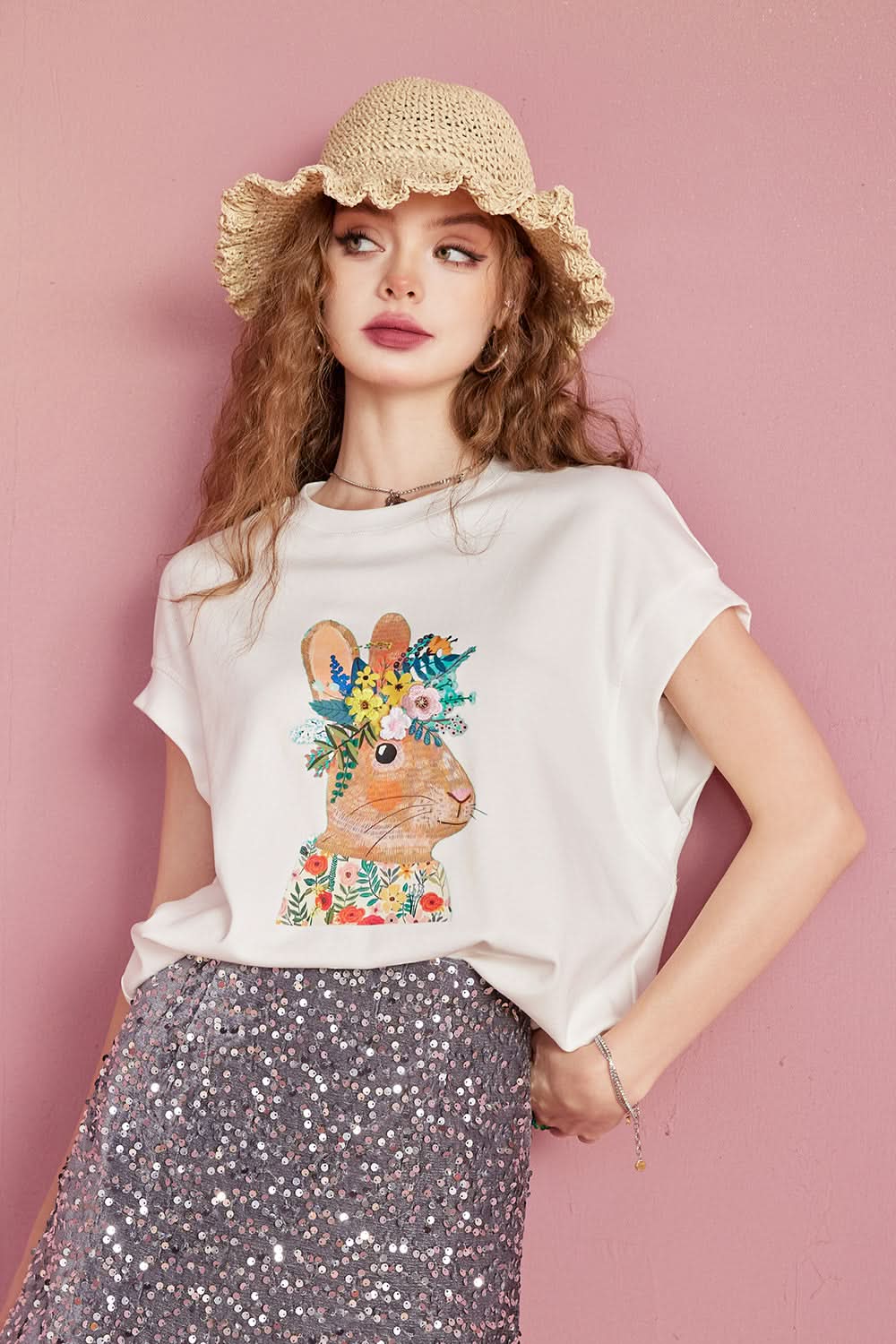 ELFSACK Rabbit Print Loose Short sleeved T-shirt Women's Design Versatile Top