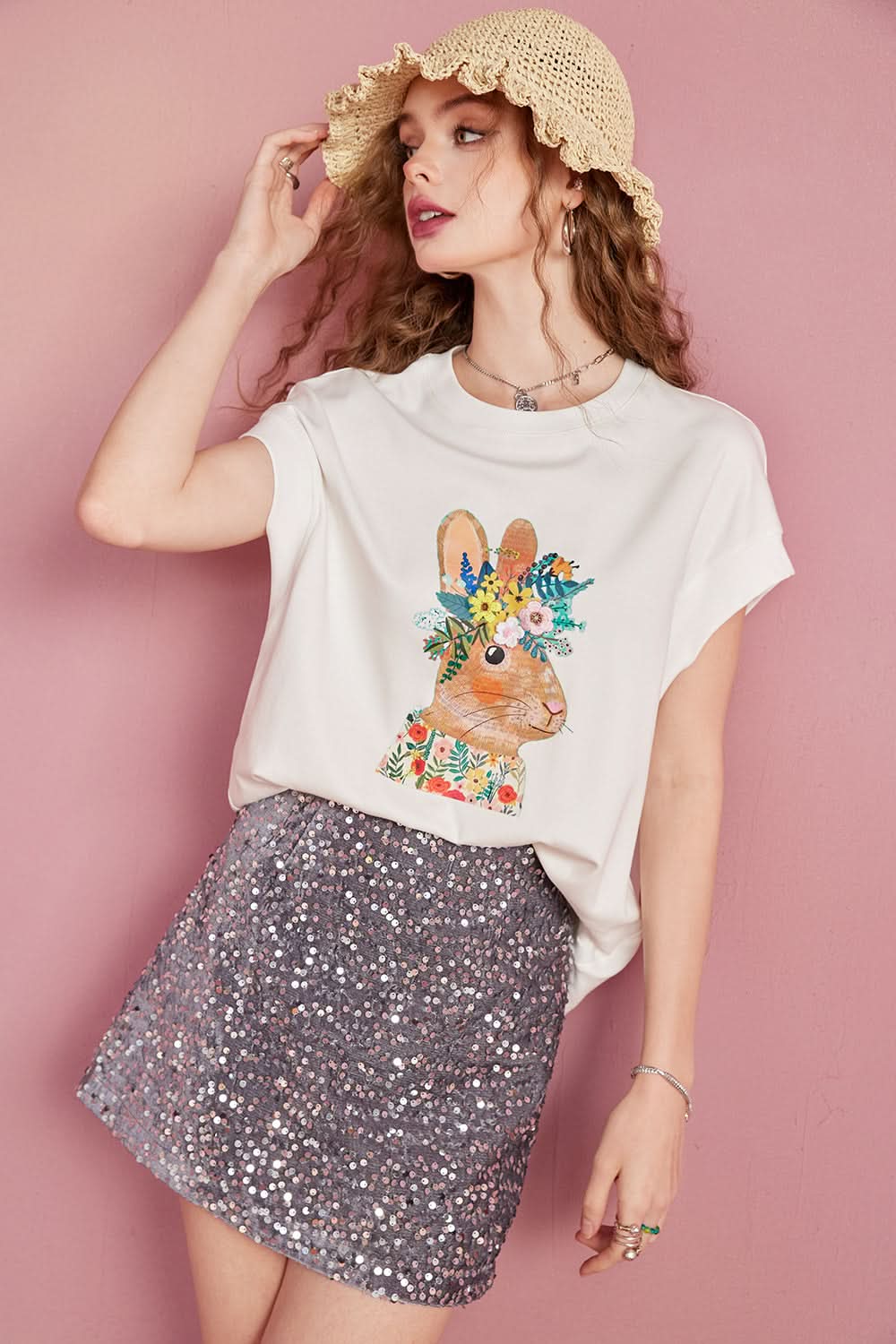 ELFSACK Rabbit Print Loose Short sleeved T-shirt Women's Design Versatile Top