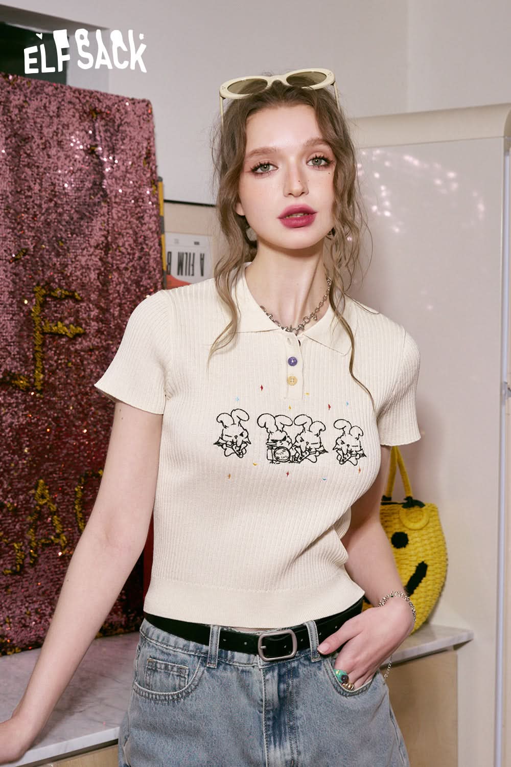 ELFSACK picnic travel vacation holiday soft comfortable fitted Polo collar rabbit embroidered short sleeved knit sweater slim top