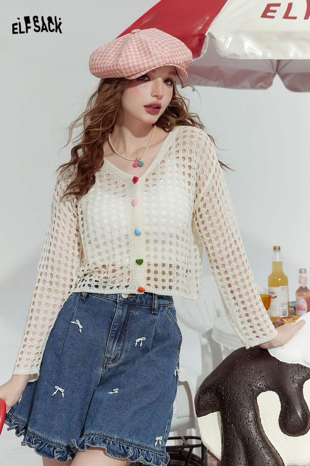 ELFSACK Hollow design fashion loose outer wear dopamine knitted sweater thin cardigan women
