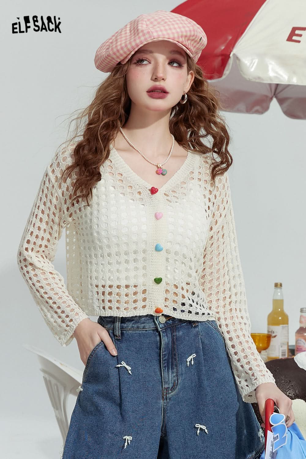 ELFSACK Hollow design fashion loose outer wear dopamine knitted sweater thin cardigan women