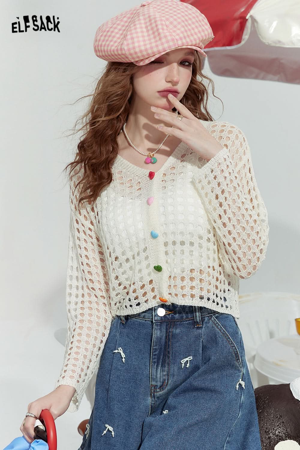 ELFSACK Hollow design fashion loose outer wear dopamine knitted sweater thin cardigan women
